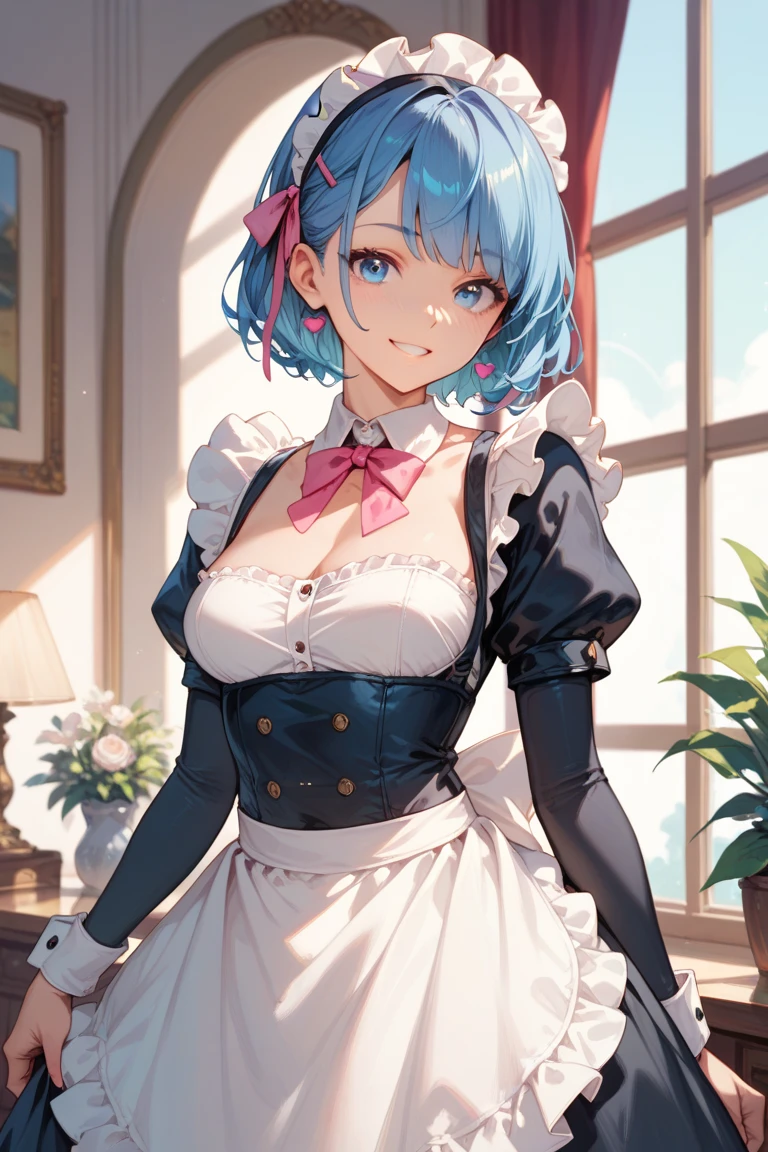 1girl, solo, breasts, looking at viewer, blush, short hair, mouth, lips, smiling, teeth, blue eyes, hair ornament, dress, ribbon, medium breasts, blue hair, hair ribbon, outdoors, sleeves highlighted, sky, day, hair over one eye, apron, blue sky, maid, maid headdress, legs, thighs, x hair ornament, pink ribbon, roswaal mansion maid uniform