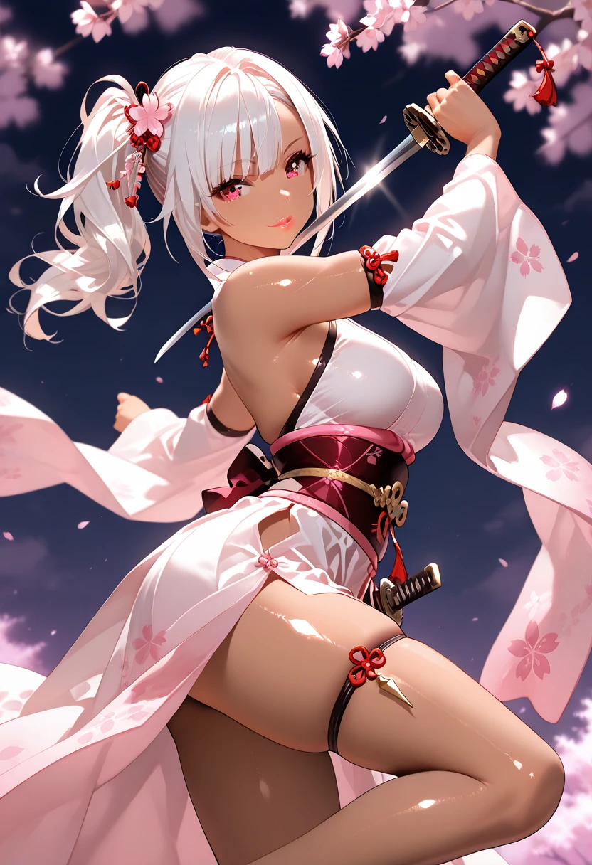 Biologically correct limb count)),(( From head to toe,Full-body photo including face)),4K,((Standing position)),masterpiece,((Focus on the face)),((Symmetrical facial features)),Eyes with detailed description,Beautiful woman,Great style,Beautiful arms,Beautiful feet,Beautiful Hands,(Small Ass,Thin thighs),Facial details,((High heels,Patterned stockings),Realistic photos,blue eyes, hair ornaments, Hair Ribbon,Random color see-through kunoichi costume、Japanese see-through female samurai costume、See-through female ninja costume,, Open clothes, Collared dress emphasizes cleavage、胸の谷間のSweat is noticeable、Professional lighting light reflection、 looking at viewer, (masterpiece:1.2), Highest quality, High resolution, unity 8k wallpaper, (figure:0.8), (Beautiful fine details:1.6), Highly detailed face, Perfect lighting, Highly detailed CG, (Perfect hands, Perfect Anatomy),heavy rain、heavy rainで全身びしょ濡れ、heavy rainで全身びしょ濡れの服、High heels、 ((Perfect handsの形))、(Perfect foot shape、Embarrassed expression、blush、Gestures to seduce a man、Shining Sweat、Perfect Skin,Sweat is noticeable、太もものSweat is noticeable、 Fair skin,Tight waist, Sweating profusely、Sweaty hair、Sweaty clothes、Sweaty、Visible sweat、rain-wet hair、A vast Western church with stained glass windows、Holding a Japanese sword、Athlete System、cherry blossoms、Blonde、Silver Hair