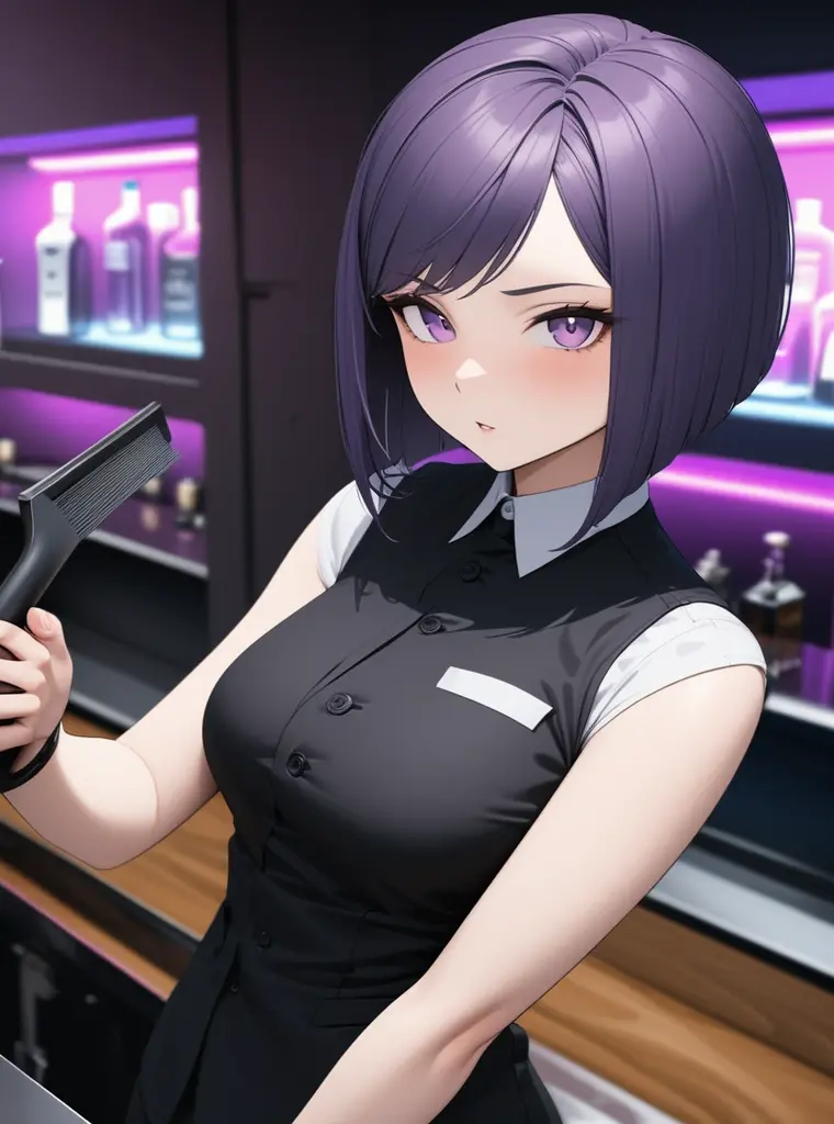 Adult Female, Black purple hair, slanted bob haircut, phlegmatic, apathetic, perfect purple eyes, cyberpunk bar, bartender, bartender uniform, highly detailed, high quality, perfect quality, 8k, cleaning, solid black pupils, highly detailed skin, highly detailed anatomy