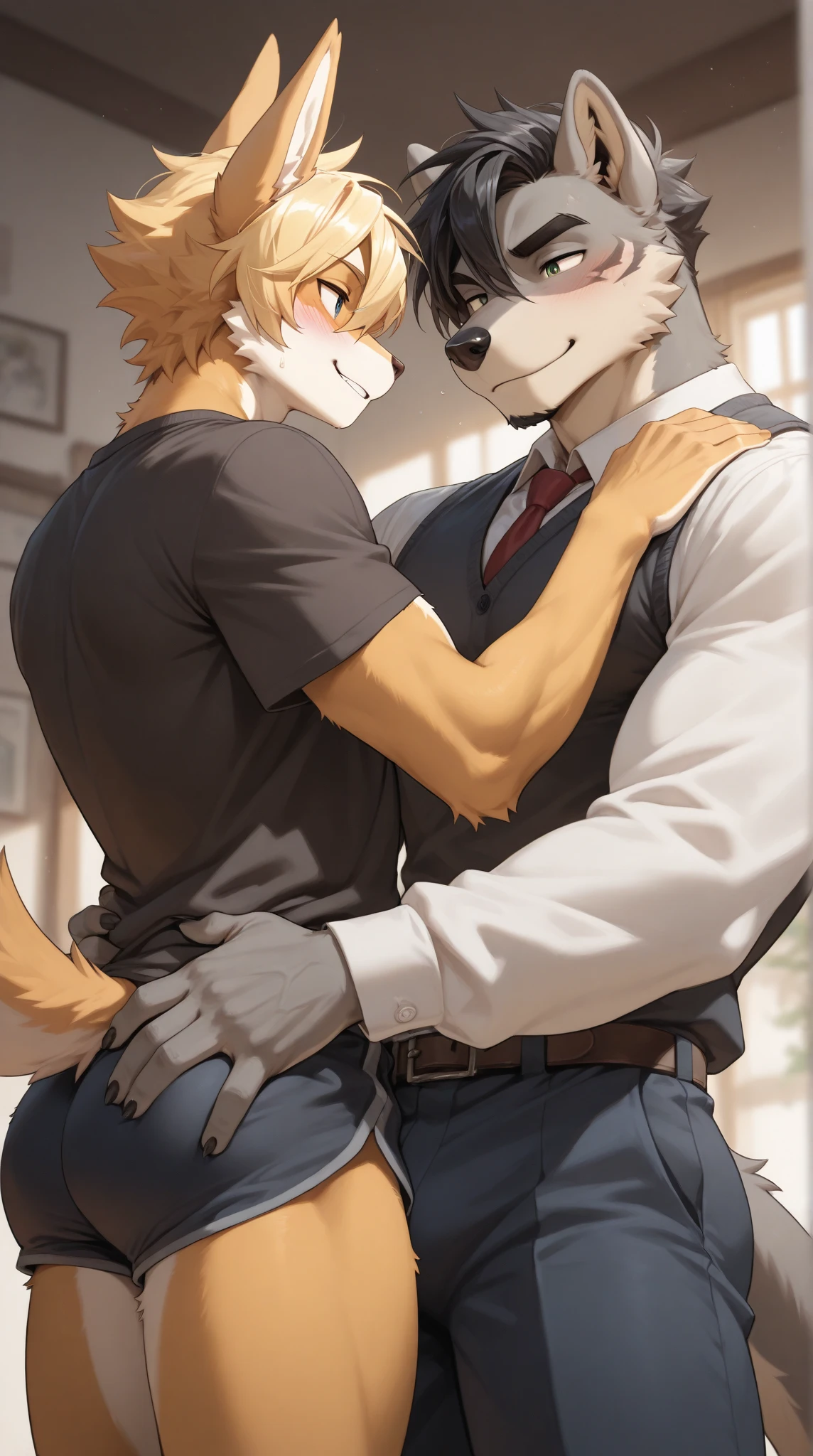 cover page, highres, top quality, best quality, paid reward available, unparalleled masterpiece, perfect artwork, absurdres, High-quality illustrations, super high resolution, detailed background, perfect anatomy(handsome 2boy, kemono, suits, furry anthro, Furry body, dog facial features, dog body features)standing, dancing, hugs, smile, happy, cinematic lighting,