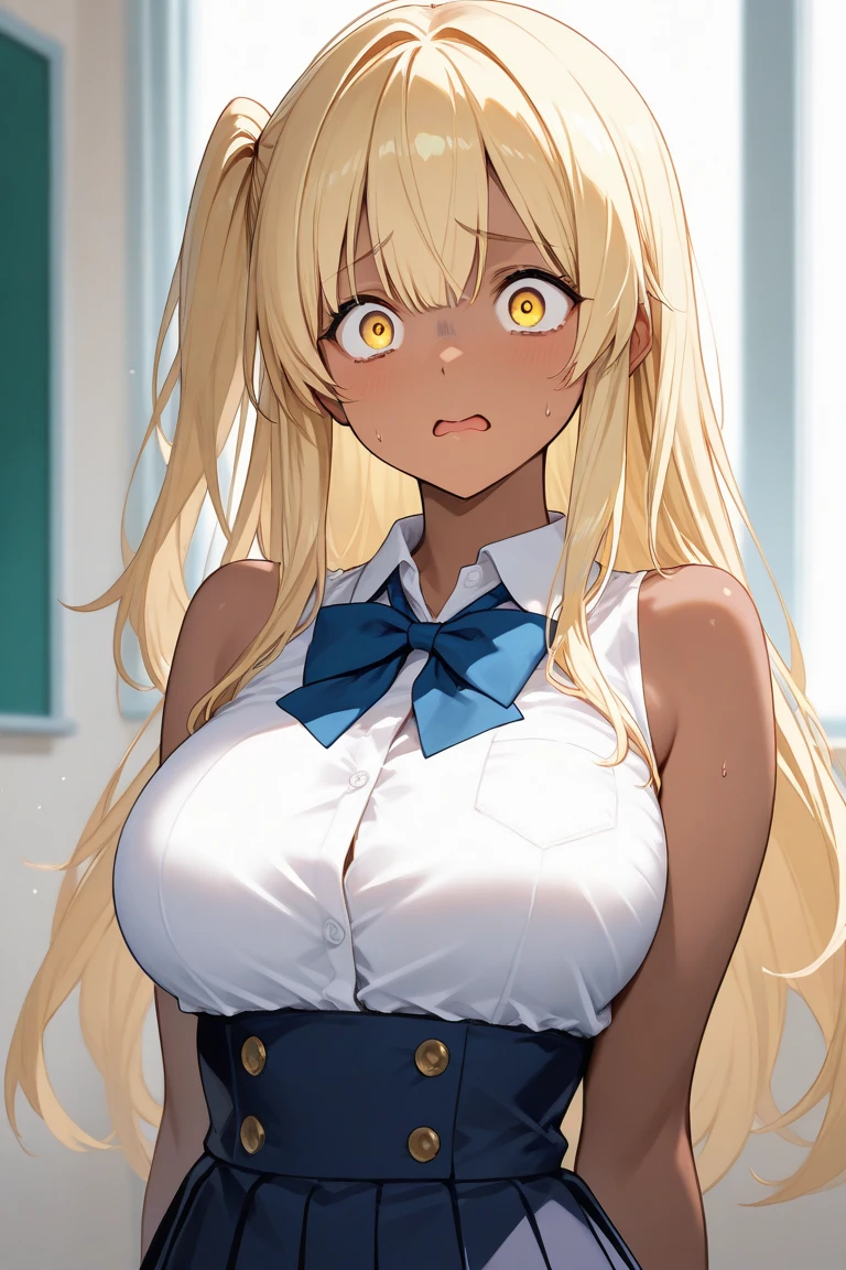 masterpiece、Highest quality、Best image quality、High resolution、Big Breasts、bra、In underwear、Blonde、Yellow Eyes、Long Hair、In the classroom、Angry、Remain silent、Only one girl