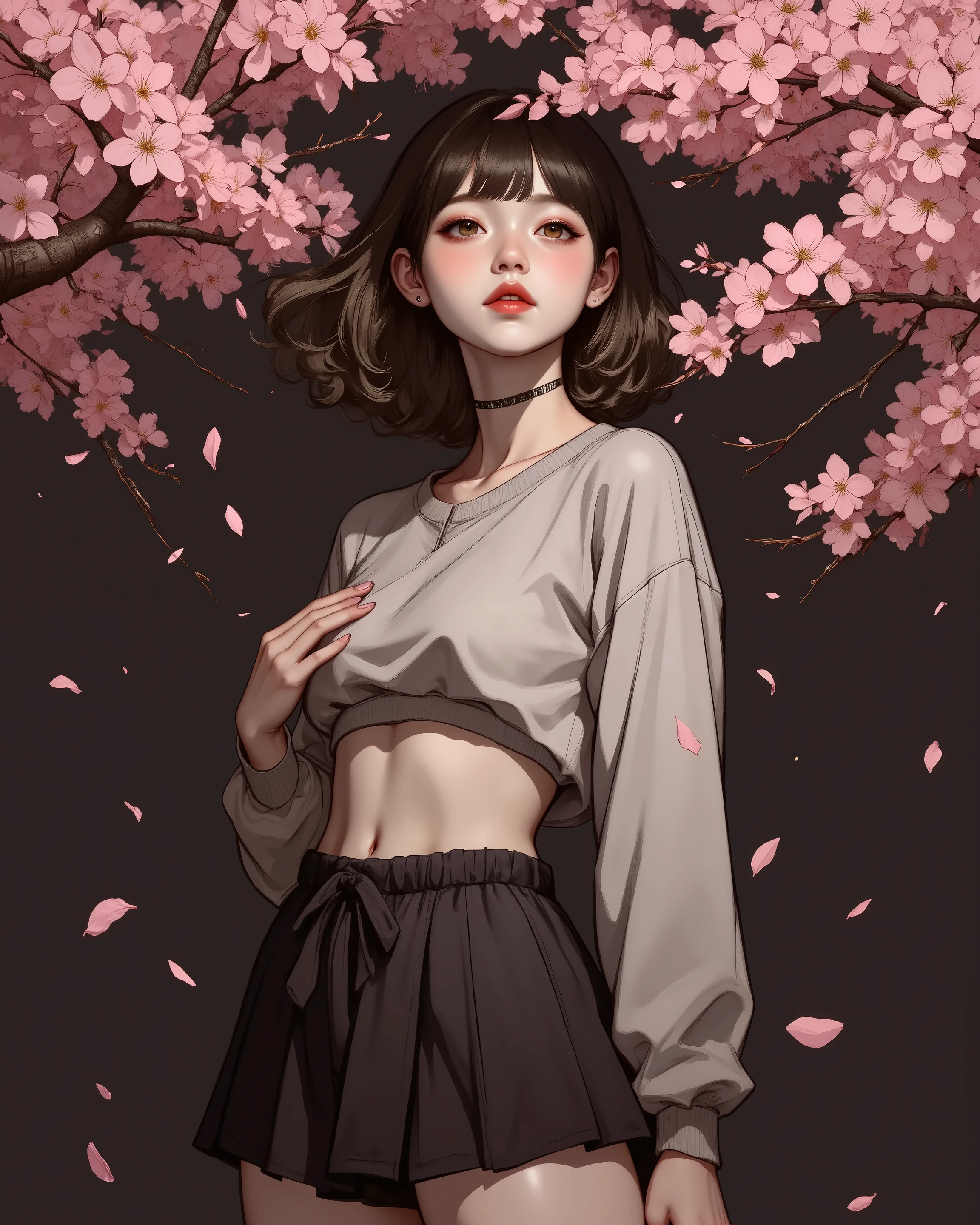 1Girl, (Young Japanese girl is wearing just a short skirt and a loose sweatshirt that exposes her flat abdomen, , very small bust and a petite body), The image should reflect the falling petals of the Sakura tree, the wind and the flying petals, dark cinematic lighting, masterpiece, best quality, digital illustration