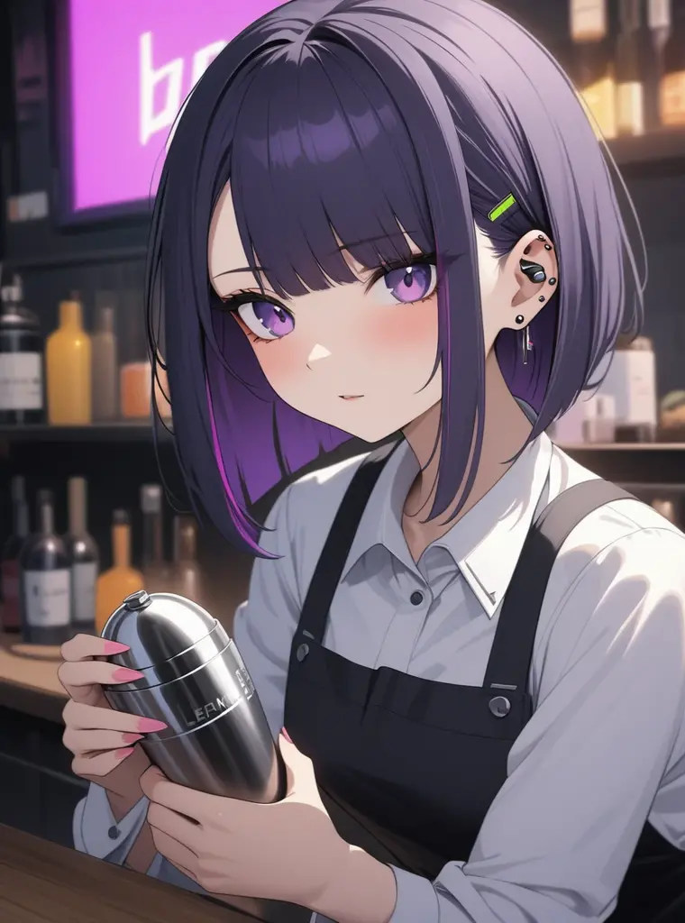 Adult Female, Black purple hair, slanted bob haircut, apathetic, perfect purple eyes cyberpunk bar, highly detailed, holding a bartender shaker, not looking, perfect ear piercings