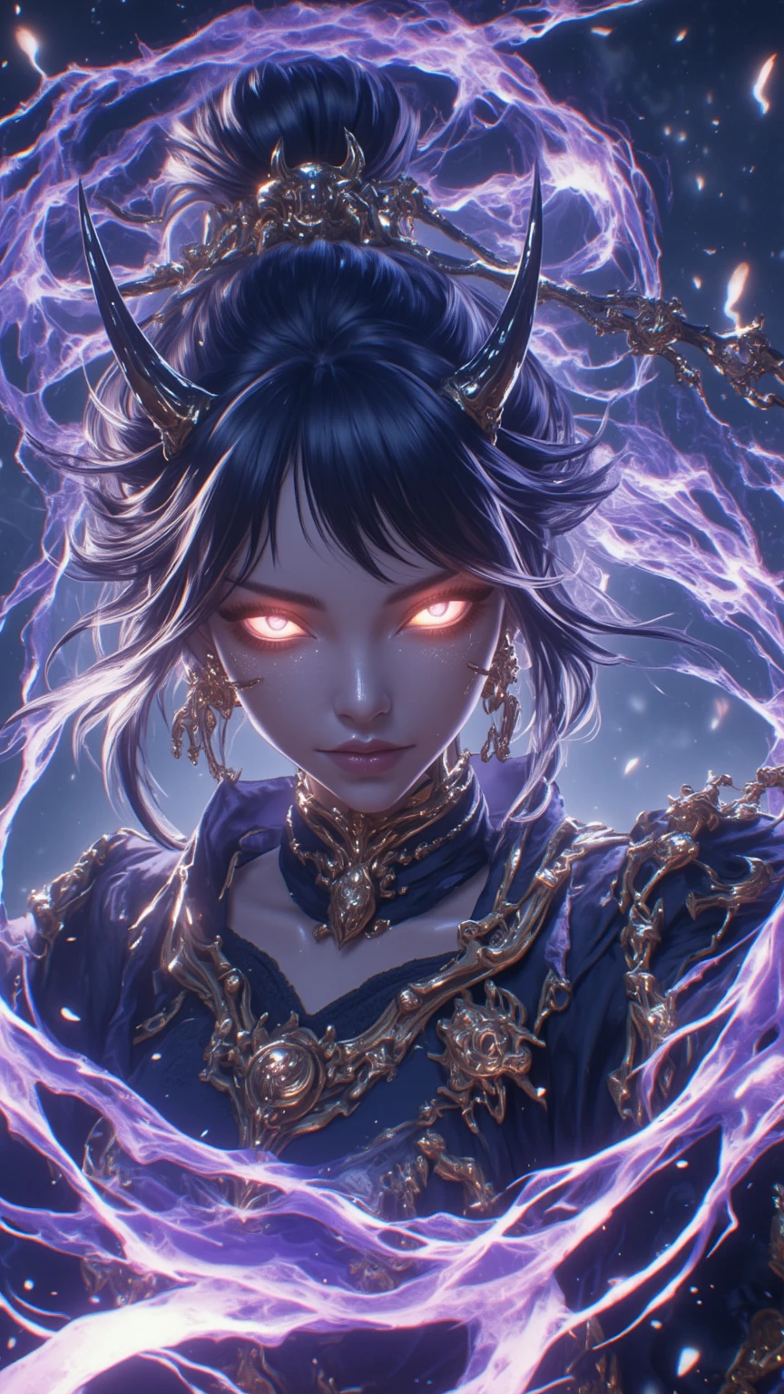 Purple-haired woman in dark dress holding a sword and purple scarf, concept-art | Art germ, liliana vess, Phlegm sputum, phlegm | Art germ, WLOP et Artgerm, by Yang J, artgerm julie bell beeple, artist artgerm i and wlop, painted in the style arcane,Hair blocks half of the eye --auto