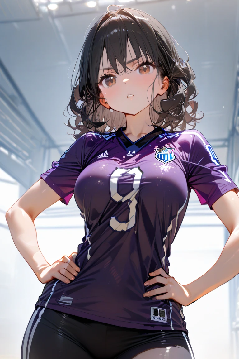 (gray background:1.5, close shot:1), (realistic:1.4), (highest quality:1.0), (ultra high resolution:1.0), 8K, RAW photo, (masterpiece:0.2), 1 girl, beautiful skin, fine skin, big smile, teeth, (short hair:1), (football uniform:1.2)
