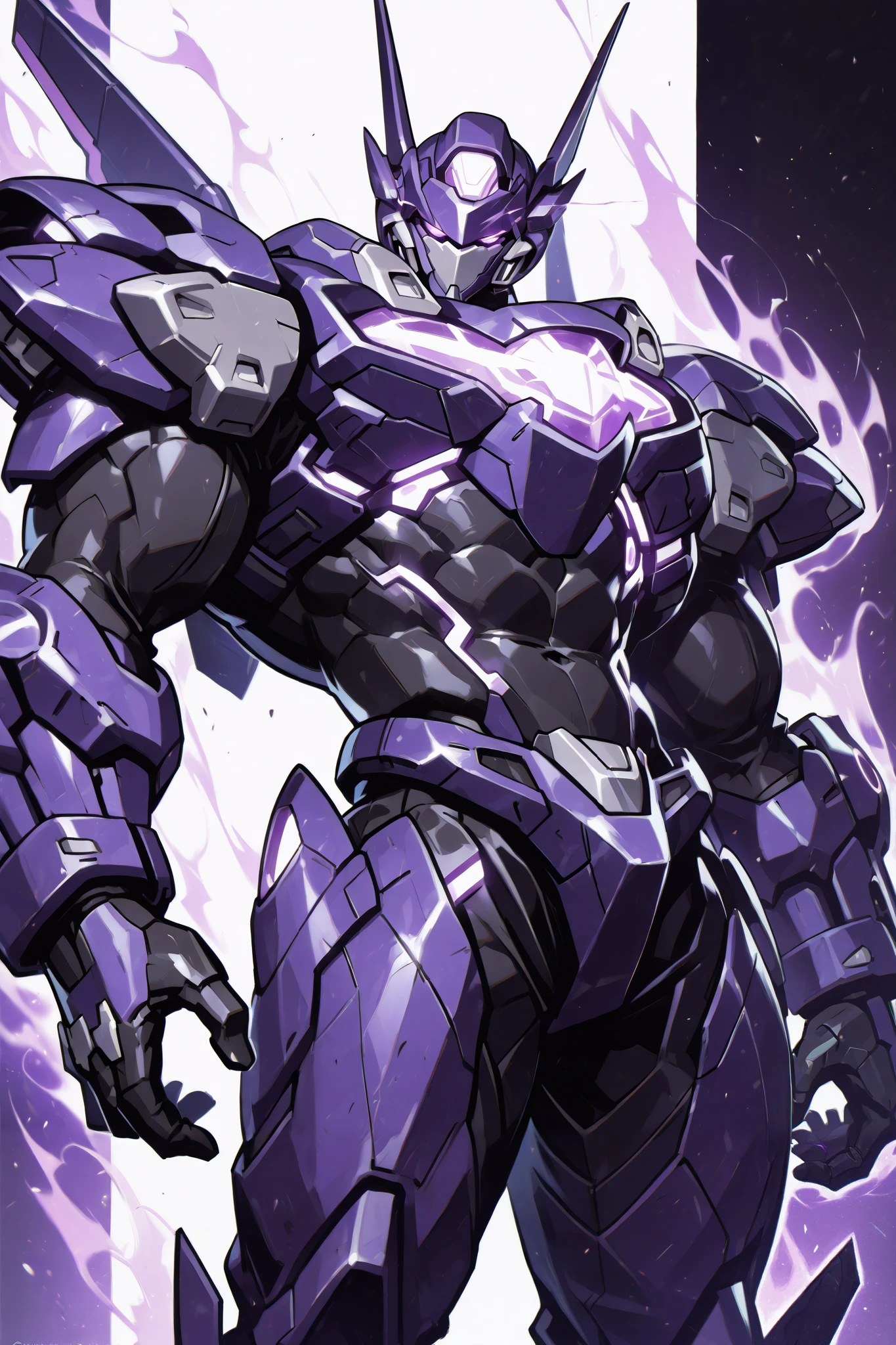 solo, silhouette, shadow of Male Mecha Suit, Masculine character, In A Purple Mech with Grey details, wallpaper quality, on a loading screen, solo, aura, (((From waist up))), ((Chest up)), (Male Body, Mechanical Appearance), sinister stare, neon lighting, glowing trimming, glowing edges, Purple Mech Eyes, purple sclera, glowing eyes, (Muscular Aesthetic:1.5), Mecha Suit, masterpiece, Male Mech, plain white background, correct anatomy, correct hands, best quality,