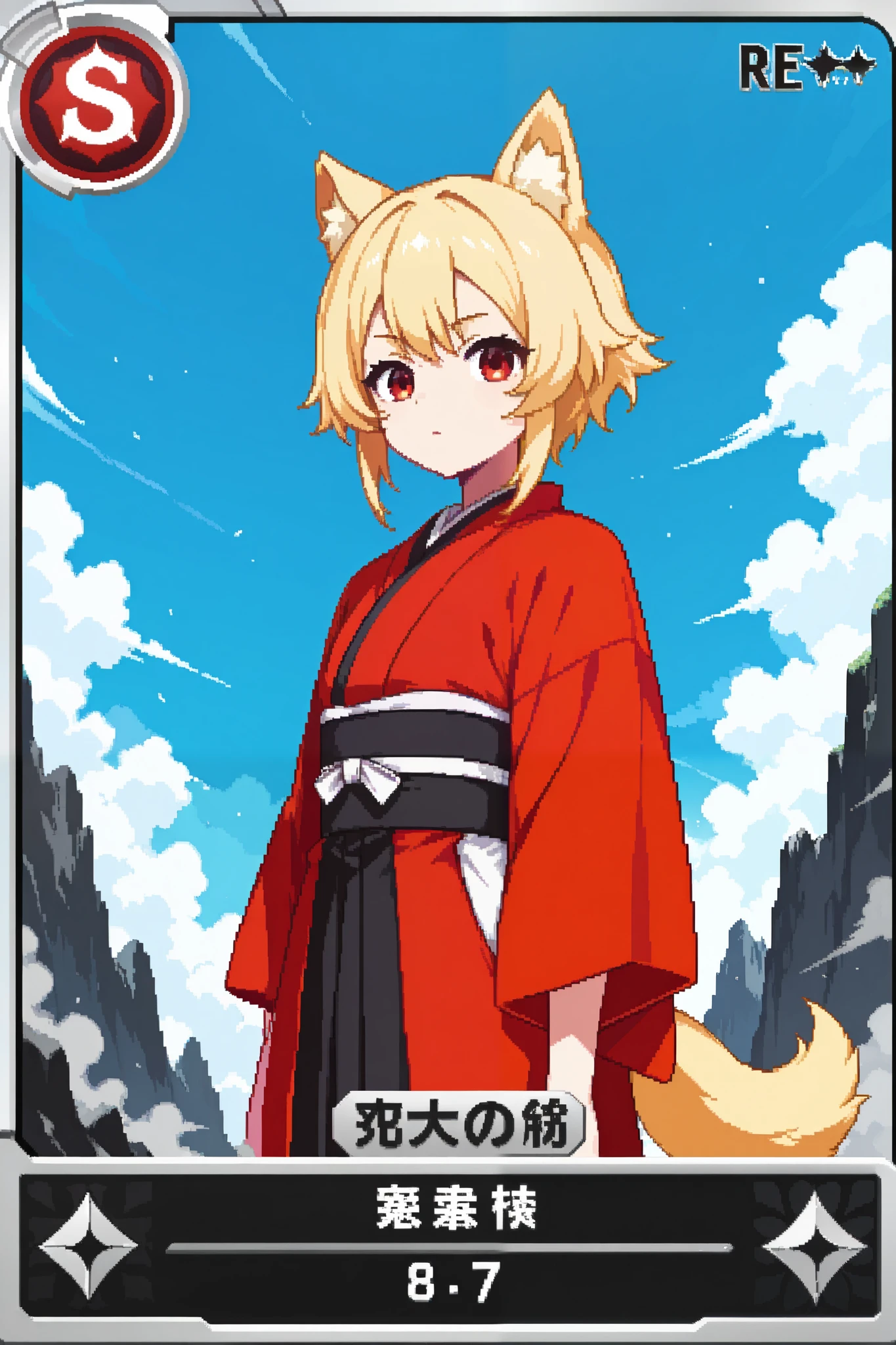 score_9, score_8_up, score_7_up, source_anime, 1girl, solo, pixel art, playingcard, elite rank icon, E, trading card, card_(medium), RPG stats, kemonomimi, 1boy, solo, ager BREAK
Dog ears and tail, blond hair, short hair, red eyes BREAK
Japanese clothes, red kimono BREAK
Looking at viewer, closed mouth, portrait, standing, looking at viewer, outdoors, (rocky landscape), smoke clouds, blue sky, grey mountains, far away mountains