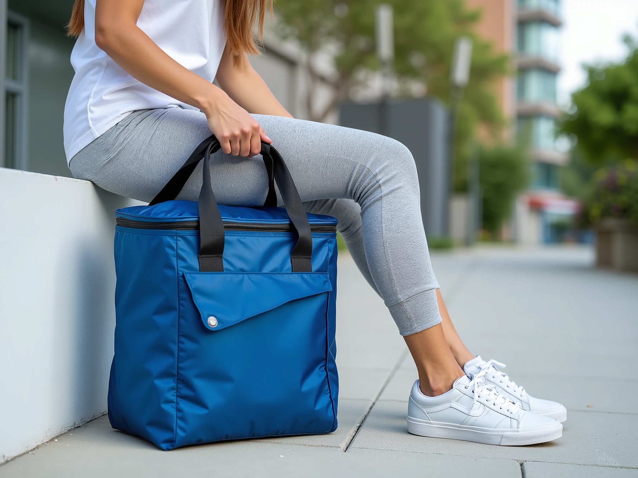 (((Close-up))) of a trunk of a young woman sitting on a low white block, wearing t-shirts, Vans® leggings and sneakers, holding a basic blue cooler bag, Simple bag e reta, large thermo bag, Simple bag, Ecological sabota, nylon thermal bag, simple cooler bag, Realistic photo, advertising photo
