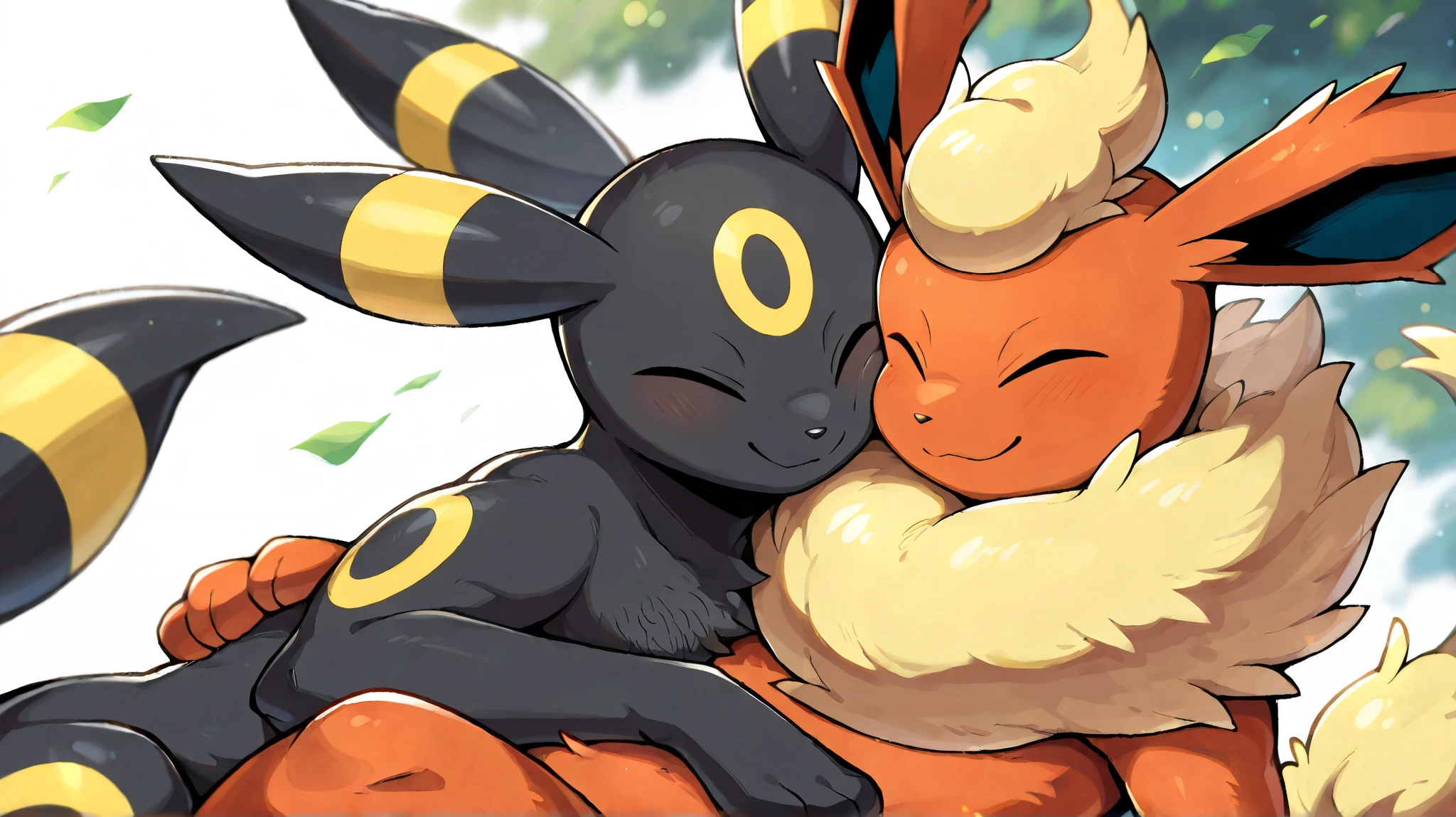 (high quality, high resolution, Masterpiece), Pokemon(creature), white background, blurred background, couple, flareon macho, umbreon macho(shiny), hairy, falls, hugged, leaning against each other, looking at each other, rostos leaning against each other, Smile in the shape of 3, Line smile, closed eyes