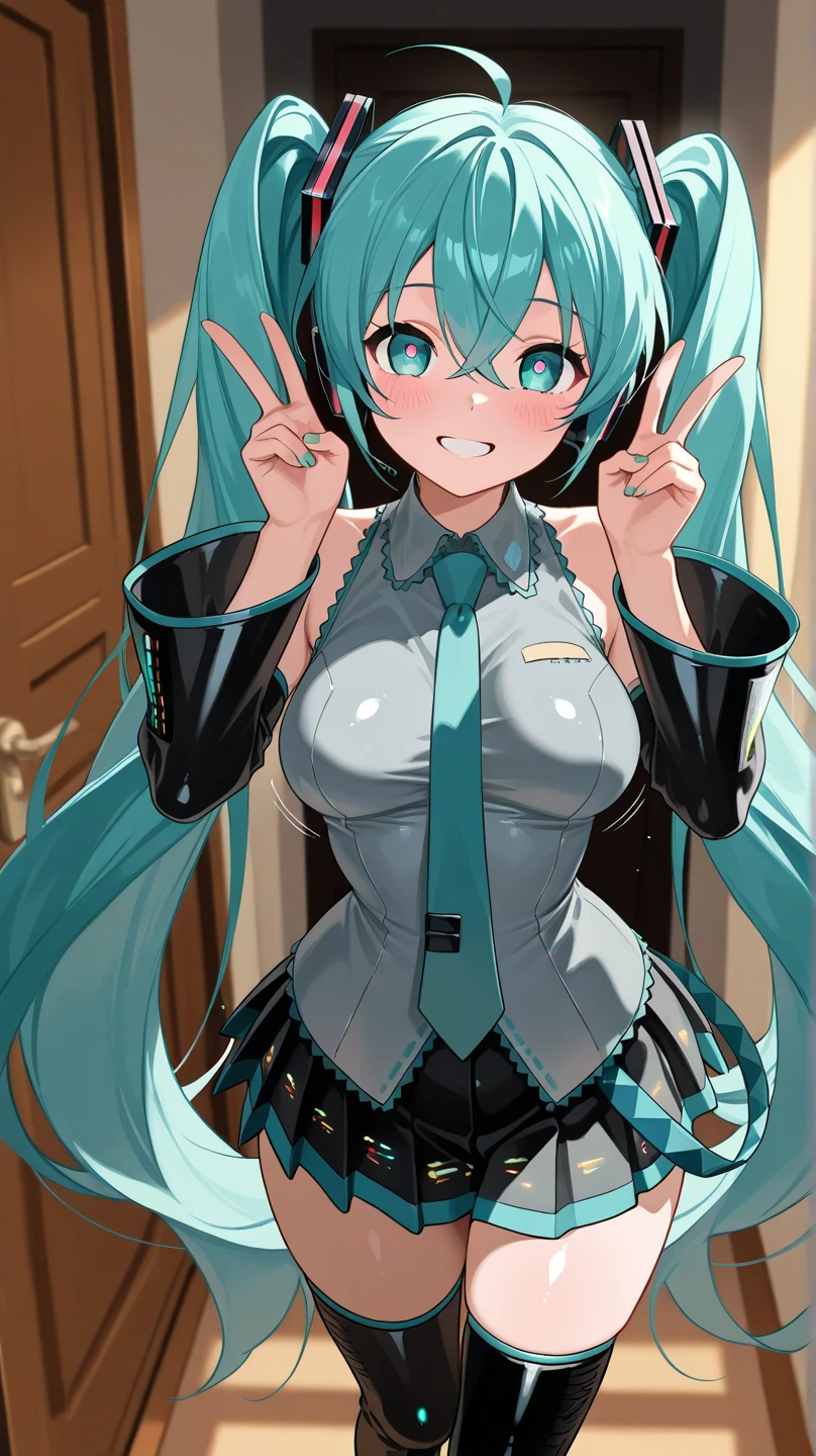 Big breasts Hatsune Miku,double-ponytail,black micro skirt,Over-the-knee stockings,is shy,Lie on your back,on top of the bed,The clothes are wet,Spread your legs apart,revealing white panties