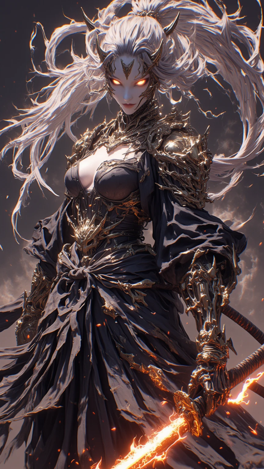 Witness the famous character、Partly Mechanized Female Alien Warrior,equipped with mechanical enhancement,wearing an exquisite dress,Skull Ornament,holding a burning sword,Her eyes are mesmerizing in this extraordinary work of art。