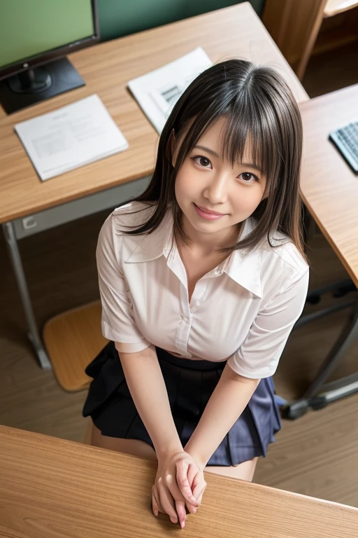 (8K,RAW Photos,highest quality,masterpiece:1.5),(Watching the audience:1.5),smile,Black Hair,(live-action:1.5),(Realistic expression:1.5),(middle School girls:1.5),(School uniform:1.5),(The background is an empty classroom:1.5),(Young face:1.4),(Medium breast:1.5)