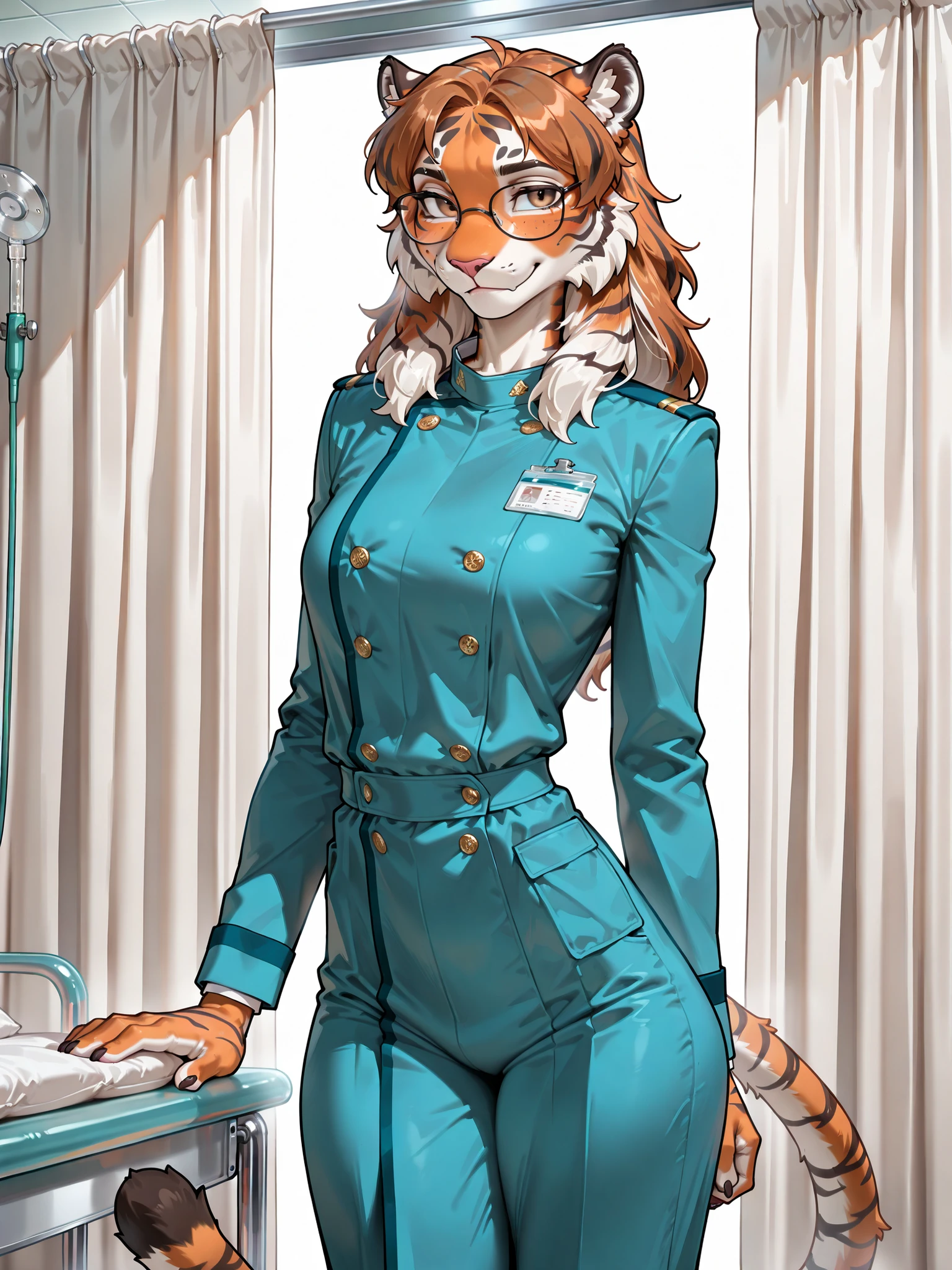 (masterpiece quality, best quality, high resolution:1.1), cowboy shot, female, (solo, 1 Siberian tiger anthro:1.25), (long muzzle:0.75), (deep brown eyes), adult, mature, cool, beautiful, proud, dignified, (tall), perfect anatomy, (furry features), (intelligent, glasses, splendid surgeon uniform:1.1), at hospital, (skinny:1.1), daytime, (faint smile)