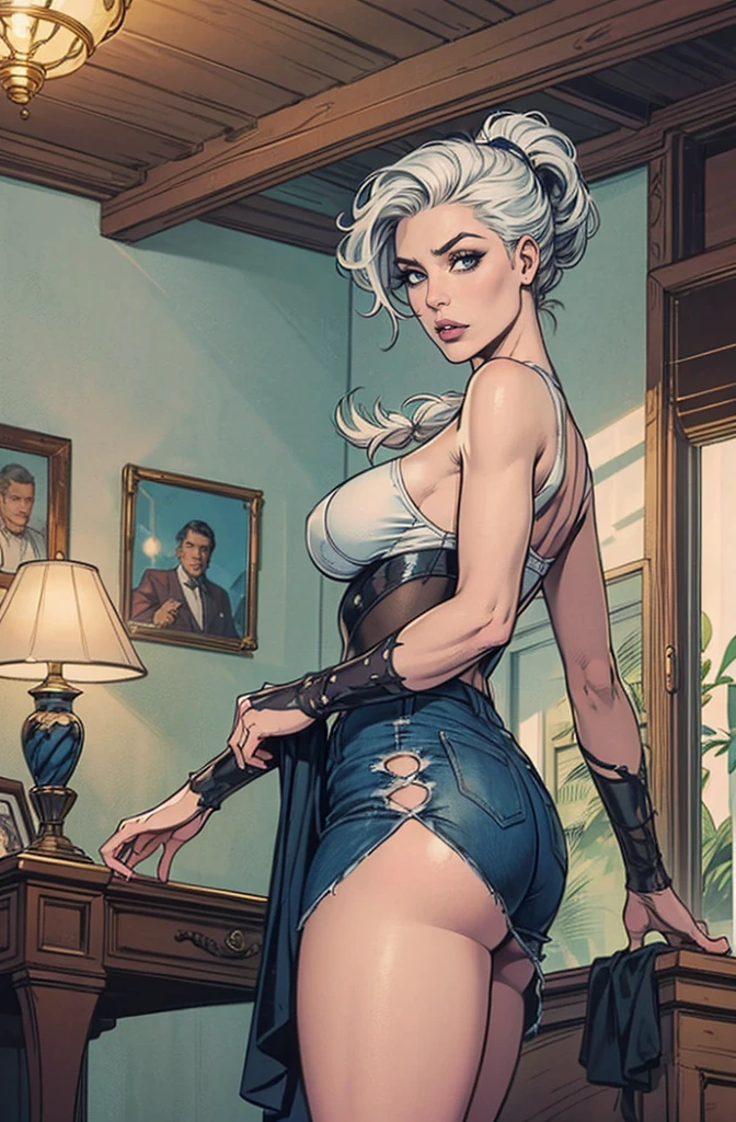 (best quality, masterpiece:1.2), ultra high res, realistic, front lighting, intricate detail, Exquisite details and textures, 1girl, solo ,(young), face highlight, upper body, detailed face, large breast, tear mole, white skin, silver hair, ponytail, braid hair, looking at viewer, big eyes, silk robe, (hollow pattern, white, silk), earrings, small breasts, slim body, luxury room, professional lighting, photon mapping, radiosity, physically-based rendering,