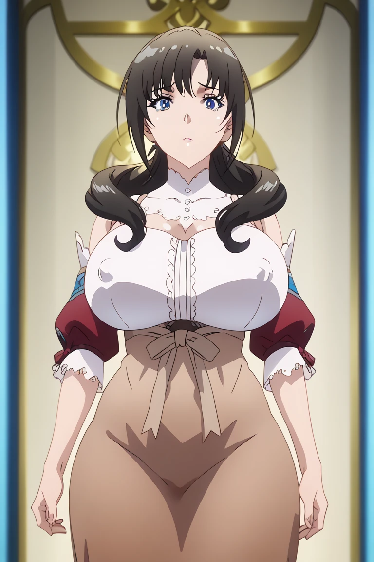 tia yellow eyes, blonde hair, short hair, blue ribbon, large breasts, detached sleeves, white dress, light smile, (masterpiece:1.2), best quality, absurdres, extremely detailed wallpaper, perfect lighting, cowboy shot, from below