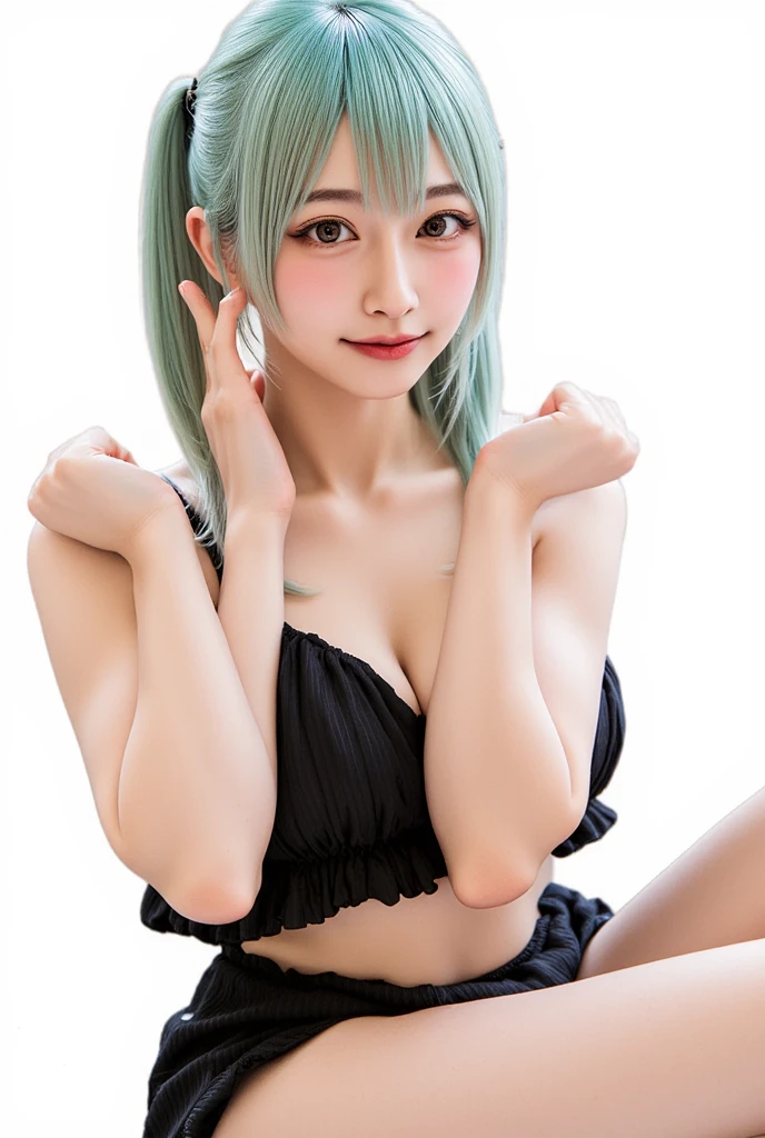 arafed image of a woman with a green and blue wig, anime style, mikudayo, belle delphine, fairycore, cosplayer, yuko tatsushima-reol-leiko ikemura-yanagawa nobusada-belle delphine-mikudayo merged, entire body visible, full body, hyperrealistic, best quality, 8K, real human skin, masterpiece, extremely intricate, medium closeup, detailed eyes, detailed face, detailed body, exaggerated features, pronounced features