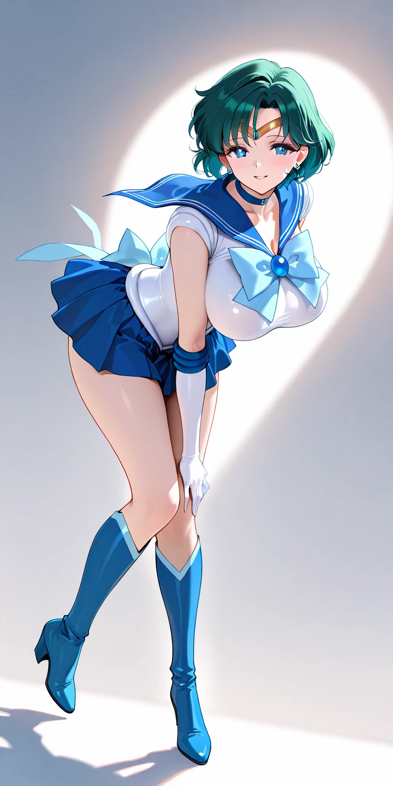 masterpiece, best quality, beautiful art, high resolution, well formed hands, body and fingers, 1 woman, solo, Mata Hari, adult, big breasted, cleavage , full body, wearing a Sailor Moon outfit, bluehair, blue eyes, gorgeous legs and thighs, sexy sailor senshi uniform, sailor collar, blue skirt, pigtails, elbow gloves, ,skirt lifted by the wind, white leotard peek, she stands up and claps joyfully, smiling joyfully, school environment