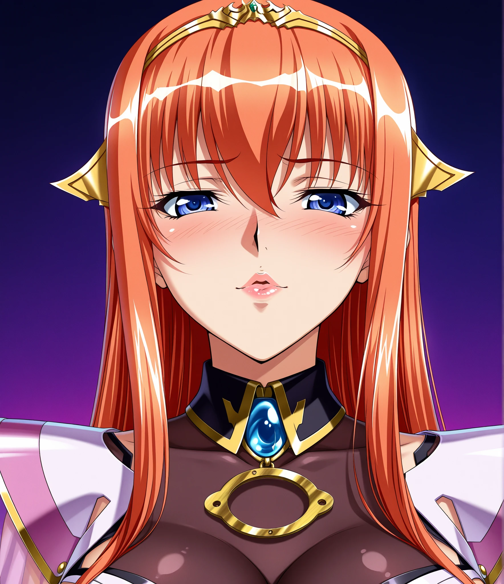 ((Highest quality)), ((masterpiece)), (detailed), (Perfect Face)、The woman is Maya Cordelia, with orange hair in a semi-long style. She's wearing a black full-body latex bodysuit adorned with lavish gold embroidery and edging.