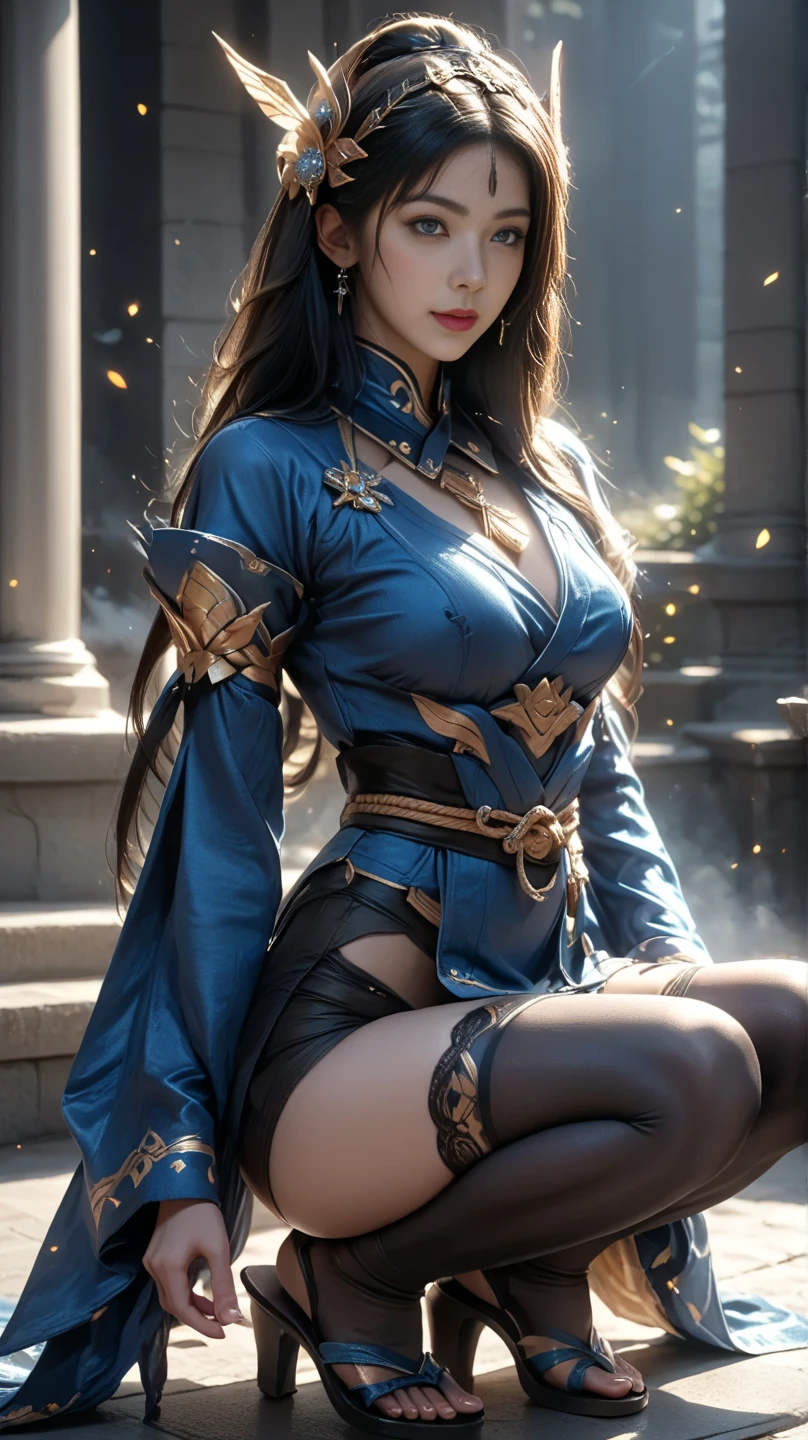A young woman with long brown hair, beautiful detailed eyes, beautiful detailed lips, extremely detailed face, longeyelashes, wearing a blue and white dress, in a fantasy landscape setting, smiling and looking to the side, in an action pose on a bed, (best quality,4k,8k,highres,masterpiece:1.2),ultra-detailed,(realistic,photorealistic,photo-realistic:1.37),HDR,UHD,studio lighting,ultra-fine painting,sharp focus,physically-based rendering,extreme detail description,professional,vivid colors,bokeh,fantasy,scenery