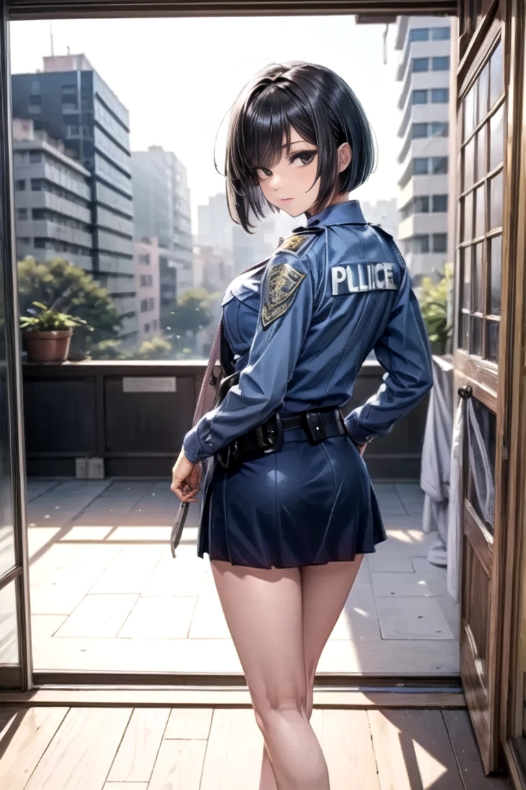 ((highest quality)), ((masterpiece)), ((perfect face))、((the skirt is rolled up))、((show panties))、((Revealing underwear))bob hair、orgasm、flushed face、My whole body is sweaty、Ahegao、police officer、navy blue uniform