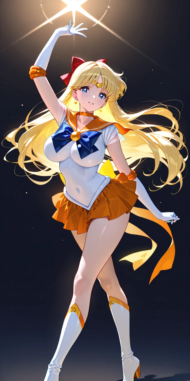 Obra maestra, La mejor calidad, High resolution, Venus1, 1 girl, solamente, Uniforme de marinero Senshi, Venus marinera, Aino Minako, cabello rubio, Magical Girl, ojos azules, Falda naranja Ultra Mini, Guantes hasta el codo, tiara, falda plisada , Lazo de pelo, Collar marinero naranja, Ultra minifalda, gargantilla, red bow, gargantilla naranja, Guantes blancos, Pelo muy largo, jewely, Pendientes, En pie, from the rear, con la falda levantada mostrando su, Falda arriba, Sin tanga