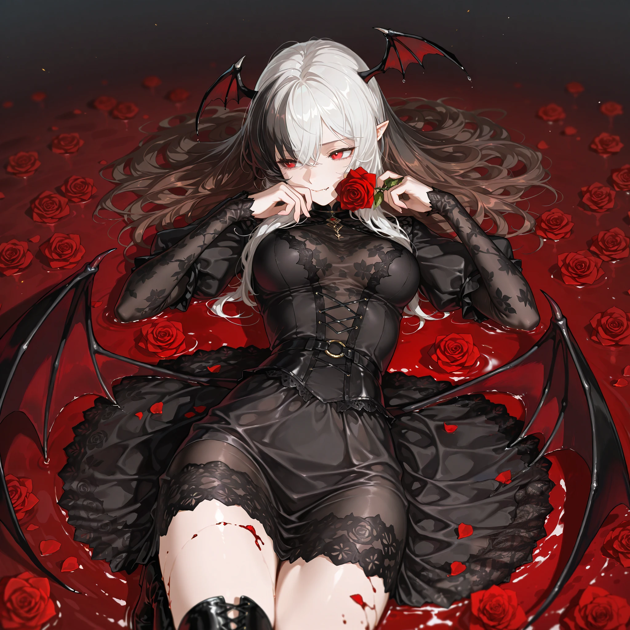 by [arknights|(748cmstyle:0.5)], mature, young adult, masterpiece, best quality, amazing quality, very aesthetic, high resolution, ultra-detailed, absurdres,
1girl, woman, solo, alone,(side eye, dynamic pose, upper body focus, three quarter view, medium shot:1.2), dramatic pose, red eyes, black hair, white hair, brown hair, vampire, lace dress, high boots, succubus, smelling flowers, medium breasts, divinity, fighter, lip bite, darkness, Laying down in a field of blood roses, laying down on her side, sexy pose, rubbing her thighs,
BREAK, depth of field, volumetric lighting
 