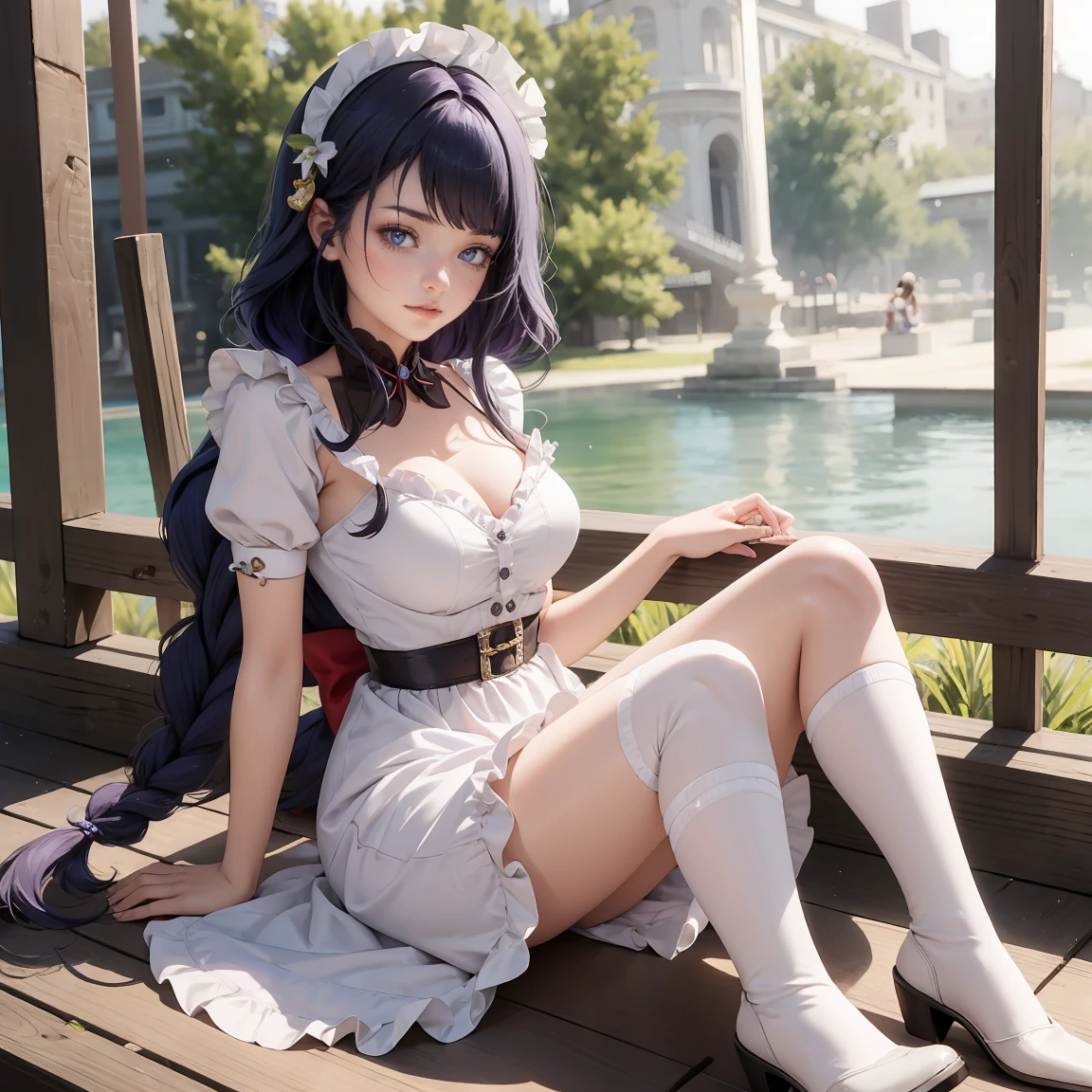man in maid costume, very sexy, (butt: 1.3), muscular, fair skin, realistic skin, , looking at the viewer, castle courtyard in the background, detailed face, detailed hands, detailed legs, detailed fingers, detailed hair, detailed eyes, detailed skin, dynamic lighting, 8k uhd, (photorealistic), (photorealistic:1.4), (hyperrealistic), top, (masterpiece), (best quality)