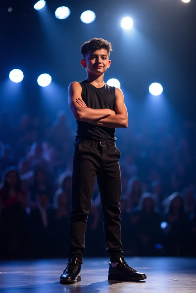 A boy, perform on stage, synth, many lighting, happy, happy, perfect quality, clear focus (clutter - home: 0.8), (masterpiece: 1.2) (realistic: 1.2) (bokeh) (best quality) (detailed skin: 1.3) (intricate details) (8K) (detail eyes) (sharp focus), (happy)