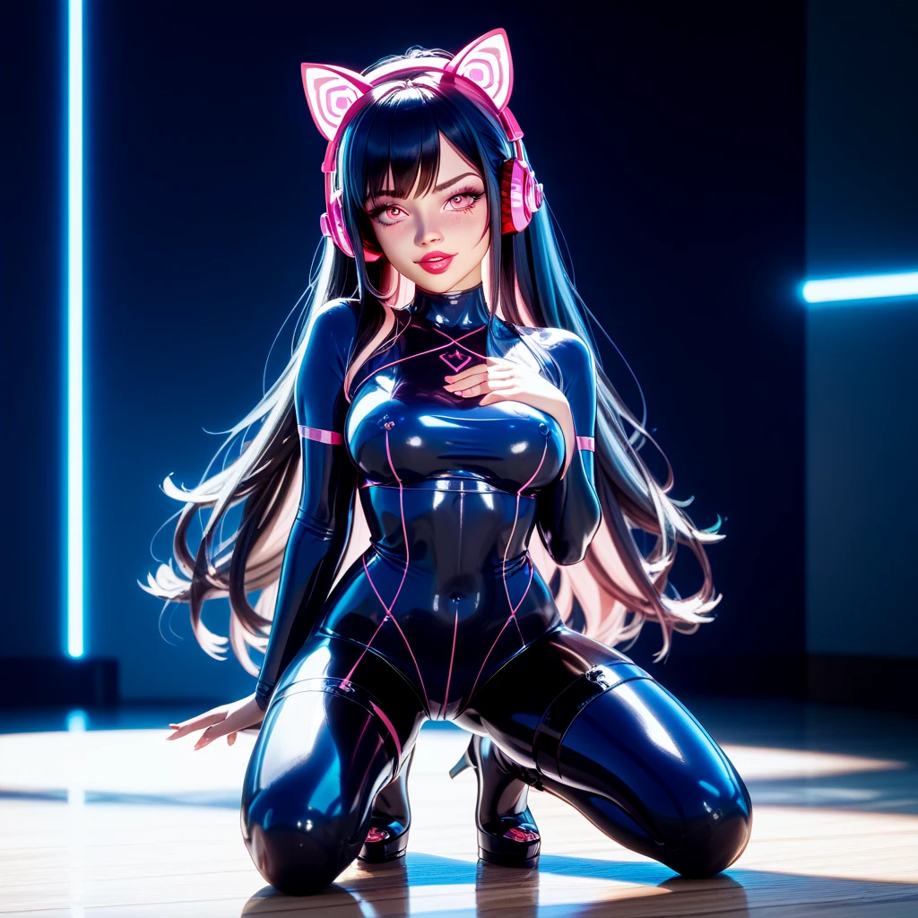 best quality, ultra high res, (photorealistic:1.4),masterpiece,1girl, Kpop idol,(aegyo sal:1.0),puffy eyes,(City of ruins),alice \(nikke\),(pink bodysuit),((animal ear headphones)),(shiny clothes),twintails,(latex bodysuit),(rubber suit),shoes,(cleavage),(slender),((white hair)),(silver hair),(gray hair),((red pupil)),(sitting on floor),(smile),Happy,(long hair),nsfw,depth of field,detail face, shiny skin, nice detailed eyes, heavy eye makeup, slim waist, blush, detailed eye makeup,perfect anatomy, view from below