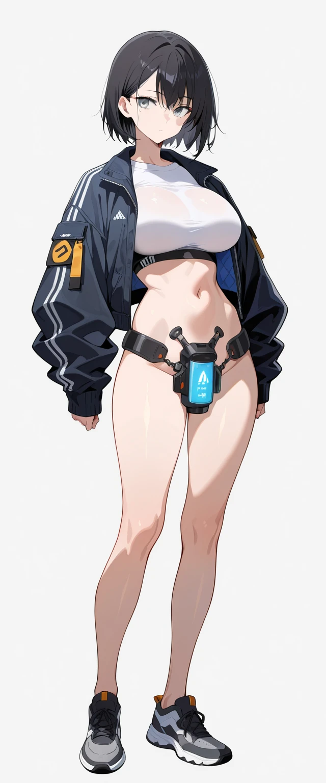 ((highest quality)), ((masterpiece)), (be familiar with),Clementine,Overload,nsfw,Sleeveless hoodie,Grey Shirt,cargo pants,Bewitching Smile,whole body,boots,Long coat,Erect nipples, cyber punk,SF

