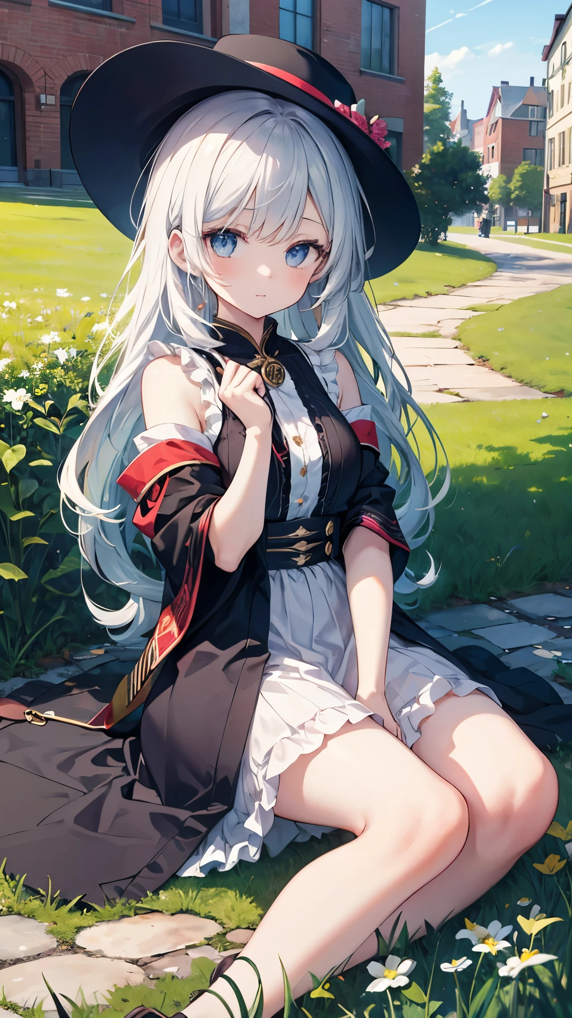 ((masterpiece,best quality)),1girl, solo, elaina, majo no tabitabi, barefoot, knees up, sitting,  long sleeves, black robe, witch hat, white shirt, witch, looking at viewer, grass, long hair, braid, ahoge, blue eyes, :o, blush, white hair, puffy sleeves, outdoors, puffy short sleeves, bangs, on ground, full body, sunlight, brown eyes, dappled sunlight, day, depth of field, big breasts, sexy
