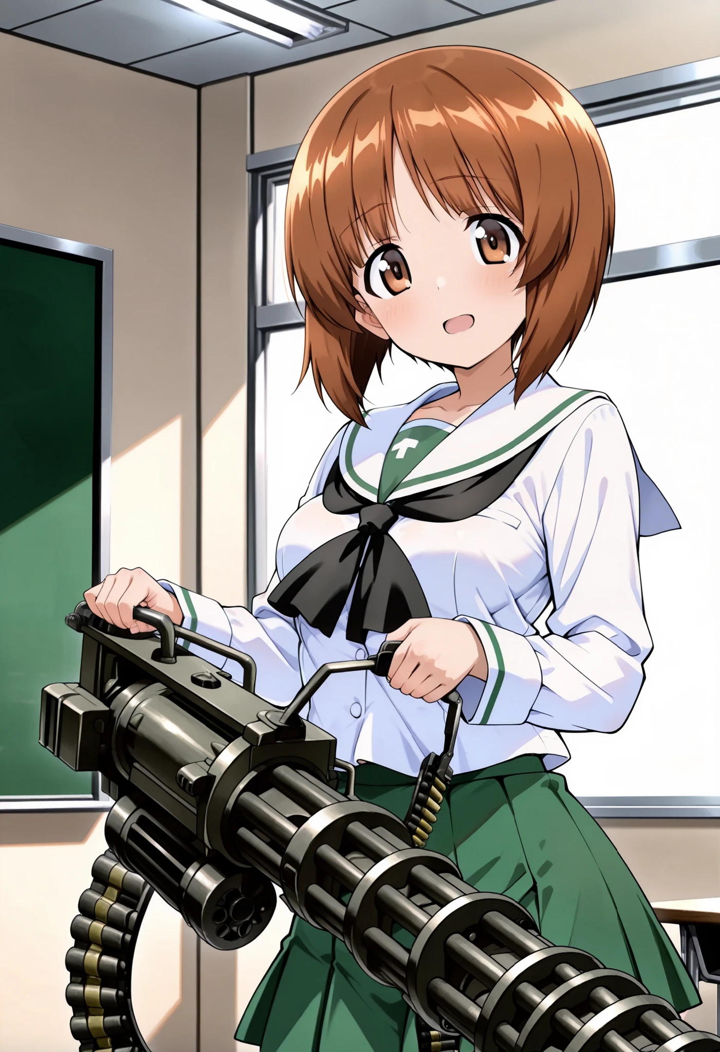 best quality, Good Quality, very beautiful,high resolution , high quality DVD、one girl with white shoulders, alone, ((C-M134 , hold M134 :1.5), hands, Ammunition belt)、woman, Nishizumi Miho、、clothed、 is small , beautiful brown eyes, Attractive brown eyes、 beautiful brown hair , bob cut、uniform up、 ( Oarai Girls' High School uniform :1.3),white sailor color, black neckerchief , white shirt, Long Sleeve , Green Skirt 、schools、classroom