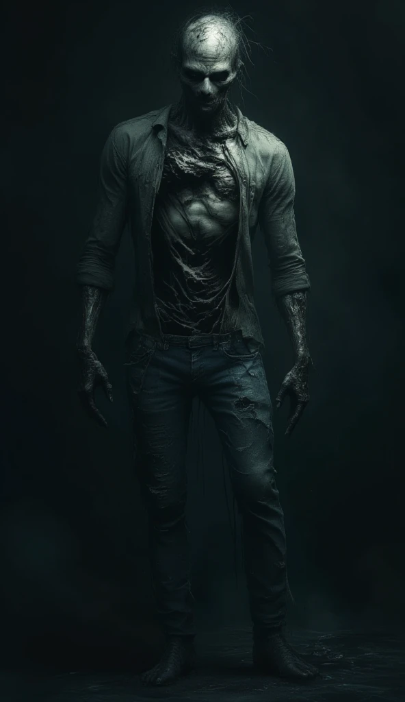 fictional scary male creature with glowing white eyes has a scary smile with sharp teeth has a fit athletic physique wears no shirt is holding a knife , in cum bedroom scenario at night , light coming through the window , front view , 4K , best qualityer , high détail , Masterpiece artwork