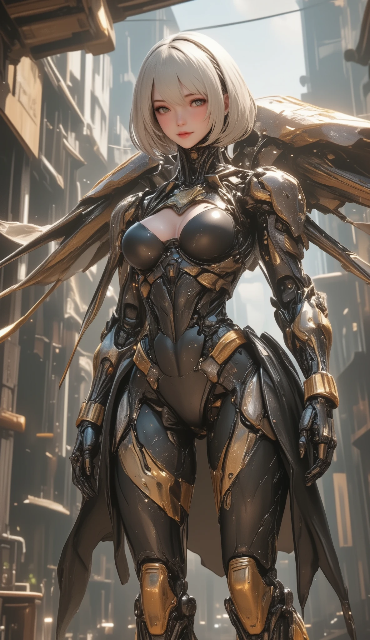 top quality, Super quality, 16k, unbelievably absurd, very detailed, 2.5D, delicate and dynamic, pretty woman, seductive smile, ((sexy young Female with android robot body, iron long robot wings:1.5)),((large breasts:1.2), (huge breasts:1.2), (Uplifted and well-defined bust:1.2), (lifted chest:1.2), (perky breasts :1.2),(deep cleavage:1.4),, Great Style, , steampunk, DIESEL PUNK,  clock punk , Cyberpunk, Glitter effect