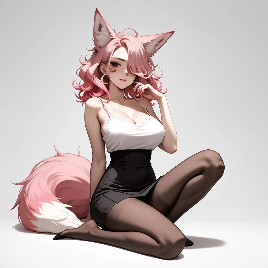 Female dark pink cat furry, white eyeballs, yellow cat eyes, slim figure, long Light pink hair, cat ears, long slim pink and white cat tail, white muzzleBlack leather motocykle pants, Black leather bra, stand, Cute expresion