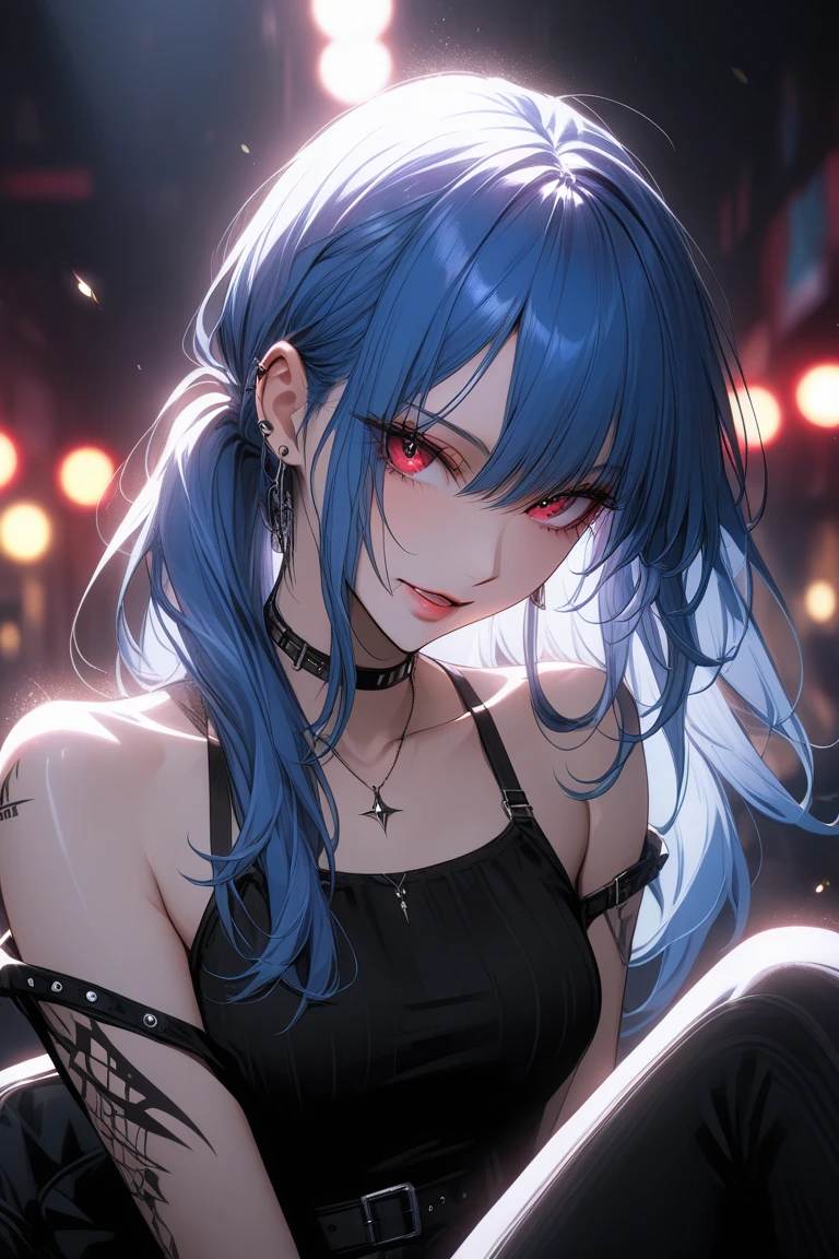 The middle of a journey,(((Super detailed, 8K quality))),,hair above one eye, red eyes, clear eyes, choker, open jacket,anime style, movie portrait photography, 1 female, 22 years ago,椅子にsit、cross your legs、blue eye background, big and full breasts, anger, (scarlet hair), long hair, purple eyes, wearing a short black dress, (natural skin texture vivid details, surreal, (realistic detailed eyes, natural skin texture, realistic facial details), Depth of written boundary, Bokeh, vivid details, surreal, 35mm movie, hazy blur, ,lipstick, ear piercing, eye shadow, hoop earrings, red pink lips, 多色のred eyes, purple theme,Wear an iridescent aura,beautiful eyes,stand in front of the red gate、leaning forward,hanging bangs,sit,sunglasseain colors are white and purple