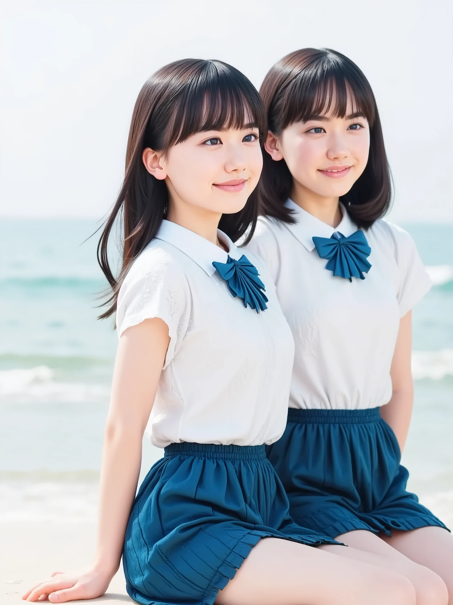 realistic photos"8k quality"high definition"top quality"masterpiece"in focus"2 beautiful slender japanese "wearing white polo shirt and dark blue bloomer"wearing bolero"They line up in a row"look at the camera"face their bodies directly to camera"grin"spread your legs"both hands behind back"tight abs"perfect face"summer sea""bright environment"