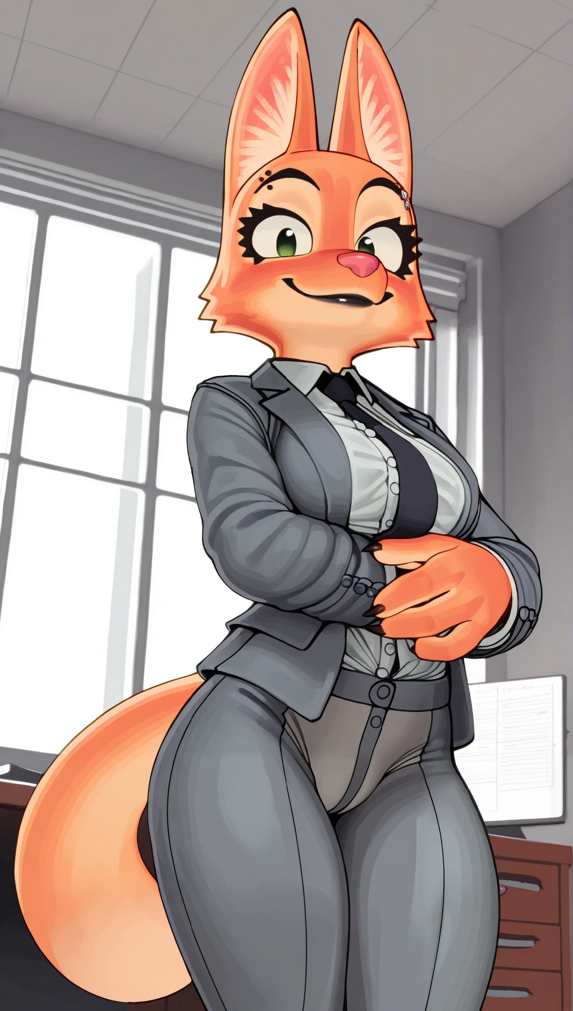 female, zeraora, furry, fluffy, cat nose, fluffy body, sexy, muscular, business suit, grey suit, red tie, busty, big ass, muscular