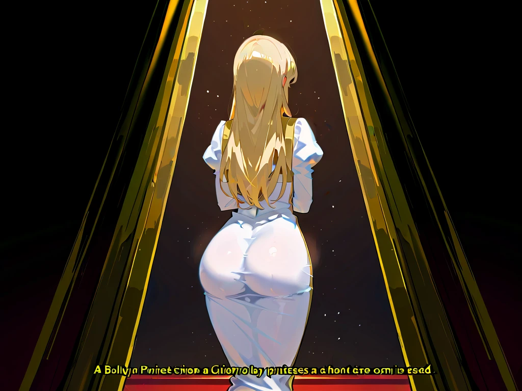 stussy, topless, medium breasts, big ass, facing away from camera, short blond hair, blue eyes, bent over