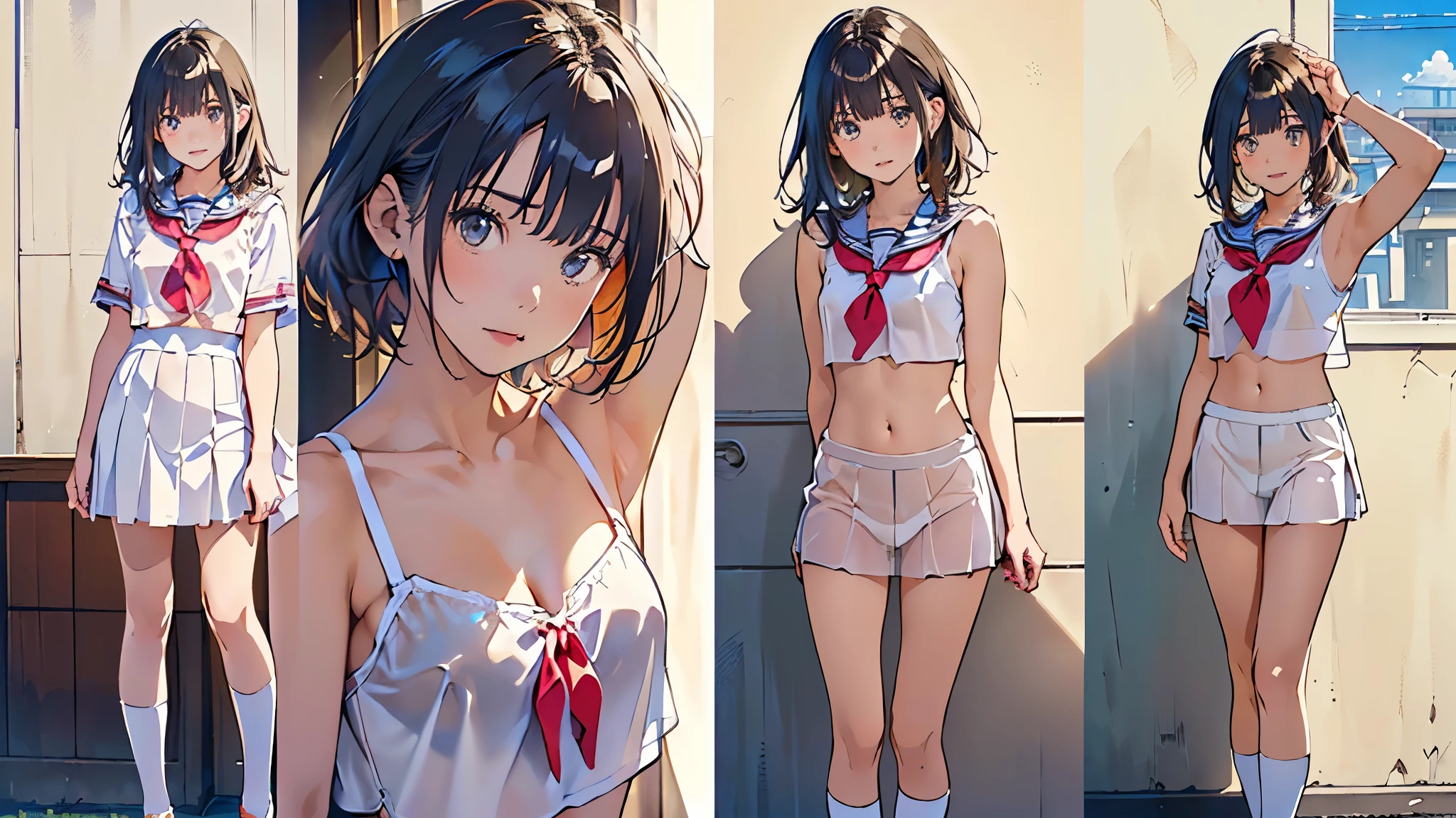 1 girl, Beautiful Japanese , Shooting from the front、1 girl, (Looking into the camera)、Beautiful Japanese girl, Long eyelashes, (RAW Photos, highest quality), (reality, Realistic:1.4), (Pieces fly), Beautiful fine details, Beautiful lip detail, Highly detailed eyes and face, BREAK is perfect anatomy, The whole body is thin, Small breasts, (short hair:1.3),Smile, Crystal skin, wake up, Capture the light, transverse small breasts、front view,camera view,full body,long leg,light blue sailor look,white panty