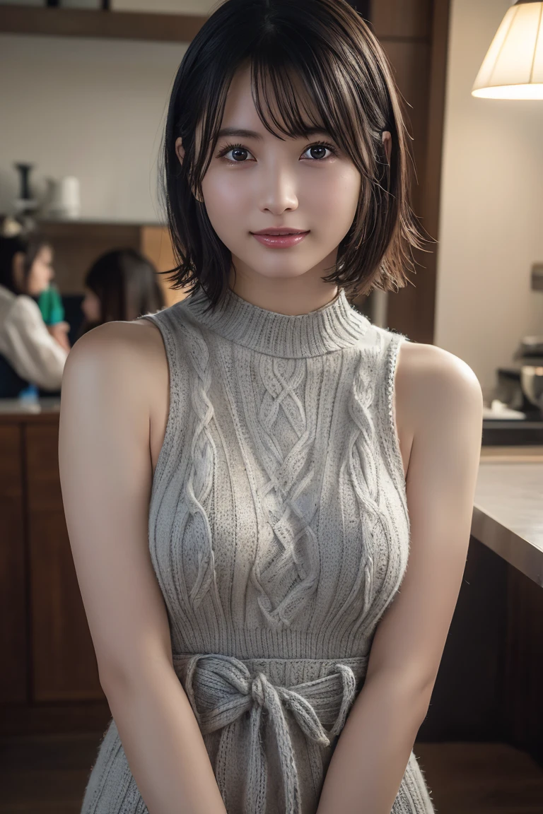 ((Dark interior with conspicuous neon lights、No window、Alcohol is displayed、dark room:1))(Photoreal)、(Super high realism)、(ultra high resolution)、(Ultra high definition)、（(cute smile)) (14 year old girl、super cute face, natural makeup)(fair skin、Smooth skin、realistic texture)(It sparkled、eyes realistic eyes)(brown hair、thin hair、moist and tidy hair、shiny beautiful hair、short bob、hair behind ears、extremely detailed hair)((Long piercings))beautiful breasts、beautiful cleavage、thin waist、constriction、big ass(knit off shoulder、I can see your belly button、Extremely short denim mini skirt)((Neon tubes on the background))bar counter、sitting on the sofa、raise your legs(Exciting and bold gravure pose))((Full body shot showing ankles))