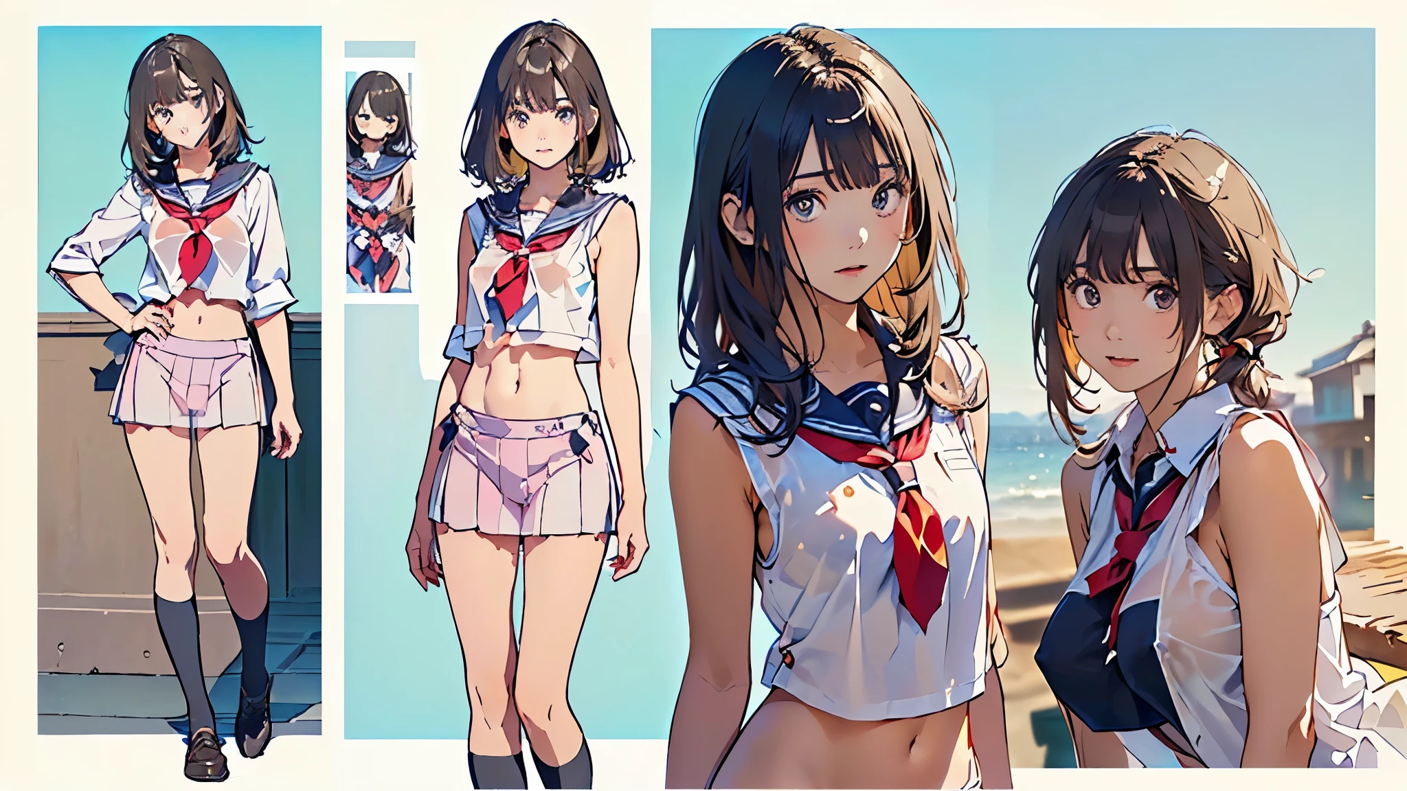 (masterpiece), (best quality), (ultra-detailed), photorealistic, (best illustration), (an extremely delicate and beautiful), 1girl, shioichan,  solo, cowboy shot, finely detailed iris, one-piece swimsuit, hair ornament, short ponytail, smile, blue sky, (sunlight:0.6), orange sailor collar, sleeveless, white shirt, :d, torpedo tubes, shoulder strap,  <lora:shioi_nai_7-60:1>, old school swimsuit, swimsuit under clothes, brown eyes,