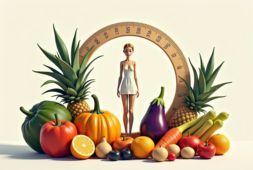 Montage of healthy foods forming the silhouette of a human body. In the center, a scale in balance with a heart on one side and an apple on the other. Clean and vibrant style, focusing on visual harmony, high definition, realistic style, cinematic style, soft colors. Photorealism style, high resolution, 8k
