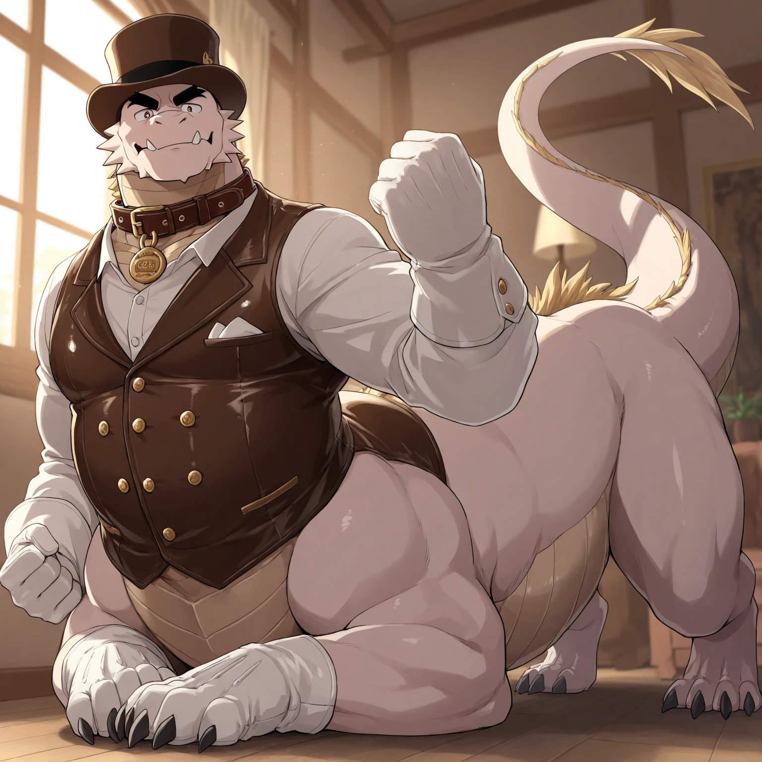 1people、male、spot hyena man, gray skin, masterpiece、highest quality、Exposed light pink lace underwear、Knee-high socks、High heel pumps、Full body illustration、garter belt、Bra with ribbons and frills