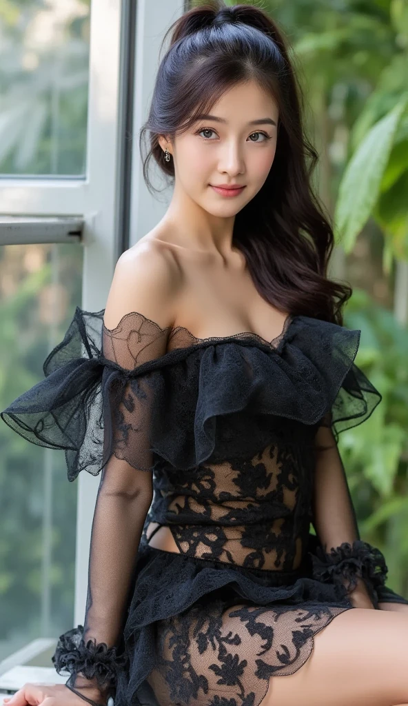 highest quality, Ultra-high resolution, (Realistic:1.4), Black sheer dress、Shortcutedium breast、valley、A beautiful woman with a clear complexion、cute、smile、Park in the background