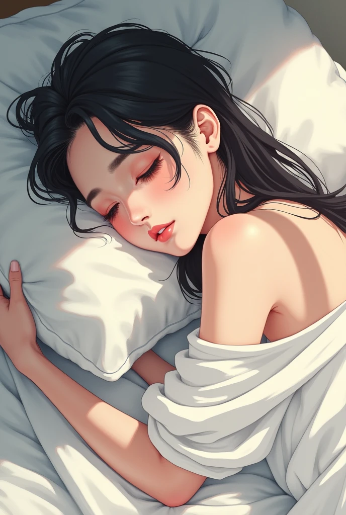 20 year old, woman, sleeping, bed, several sheets on top of her, she sleeps very excessively, full body, manga style