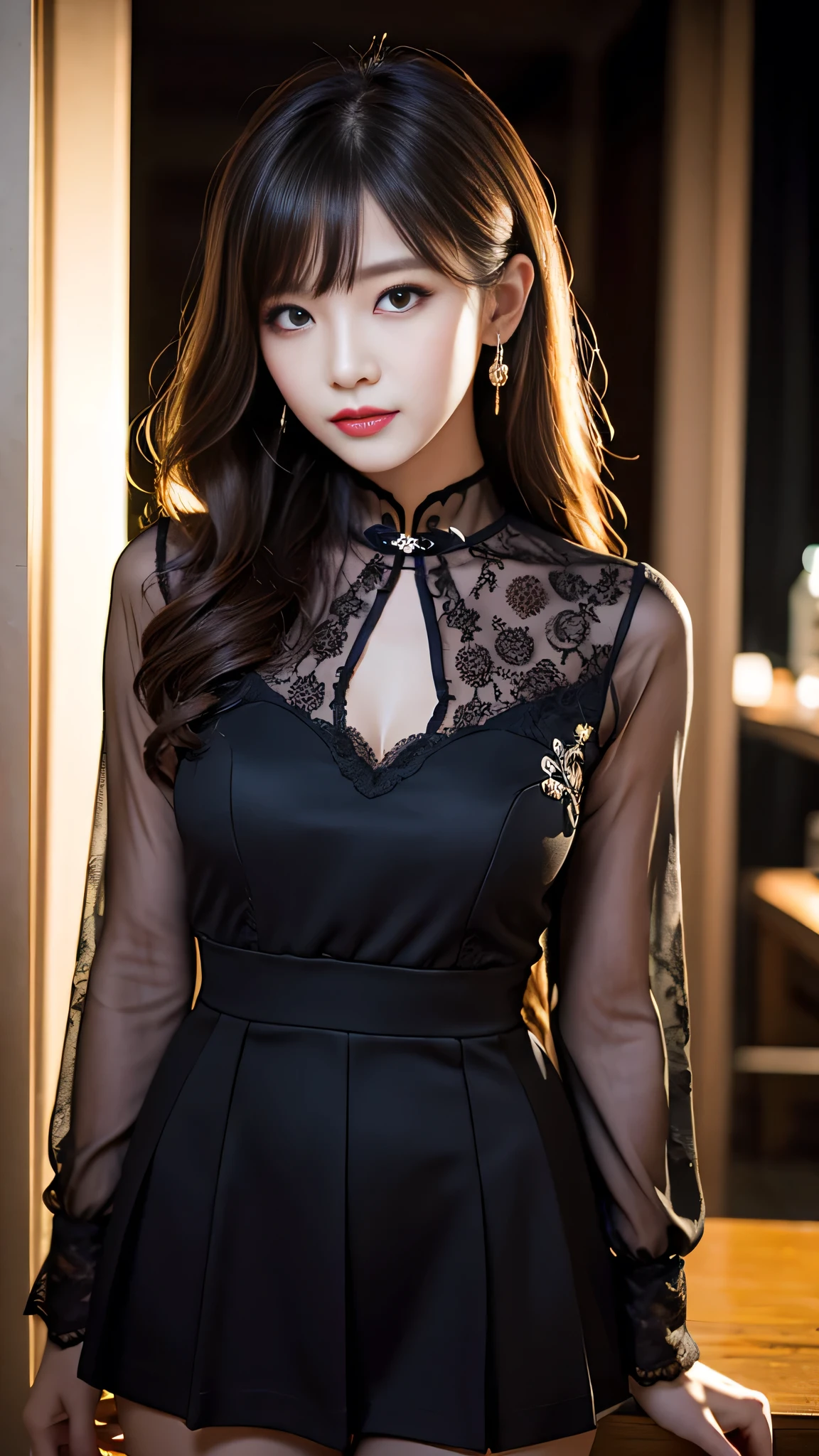 ((Top quality、8K、masterpiece、:1.3))、1 Girl、a smile、whole body、Thin face、Pretty Woman、(Dark brown hair)、qipao dress:1.1、Super detailed face、Delicate eyes、Double eyelids、Blurred background、Thin face、Night view、appearance、street、Raw,Back,walk,Raw,Back