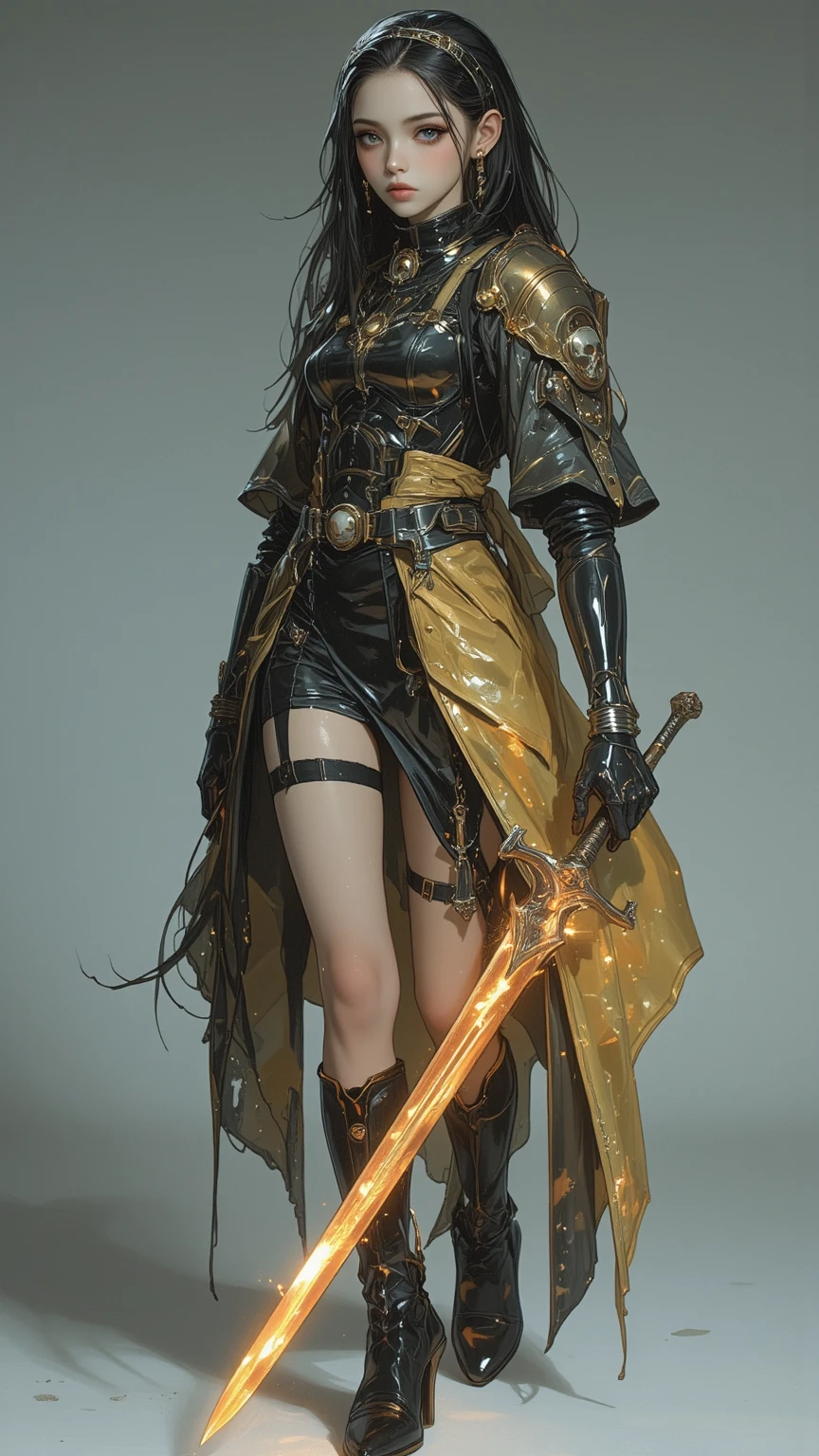 Witness the famous character、Partly Mechanized Female Alien Warrior,equipped with mechanical enhancement,wearing an exquisite dress,Skull Ornament,holding a burning sword,Her eyes are mesmerizing in this extraordinary work of art。