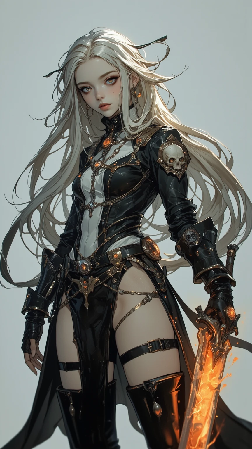 Witness the famous character、Partly Mechanized Female Alien Warrior,equipped with mechanical enhancement,wearing an exquisite dress,Skull Ornament,holding a burning sword,Her eyes are mesmerizing in this extraordinary work of art。