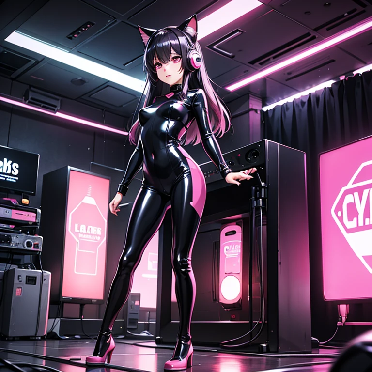 A highly detailed anime art style, a beautiful woman, solo standing:1.5, ((perfect human body)), bottomless, animal ears, bangs, blush, bodysuit, ((robotic parts)), breasts, large breasts, gray long hair, long sleeves, (looking to right), skin tight, smile, solo, twintails, very long hair, fantasy background, black gloves, (masterpiece:1.4), (shiny skin), light blue eyes, mini skirt